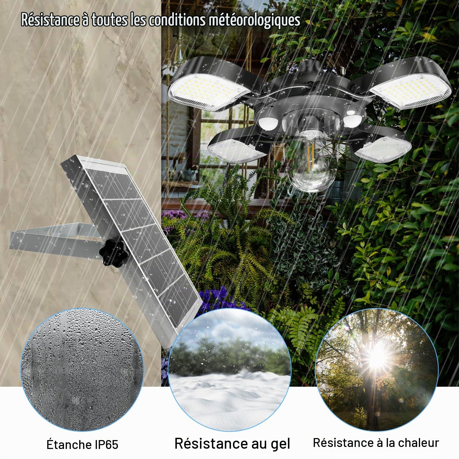 Lampe Solaire Extérieur Intérieur, Lampe Suspendue Solaire avec Detecteur de Mouvement, Ip65 Suspension Solaire avec Télécommande, 4400mah Batterie avec Câble 5m, pour Jardin Terrasse Balcon