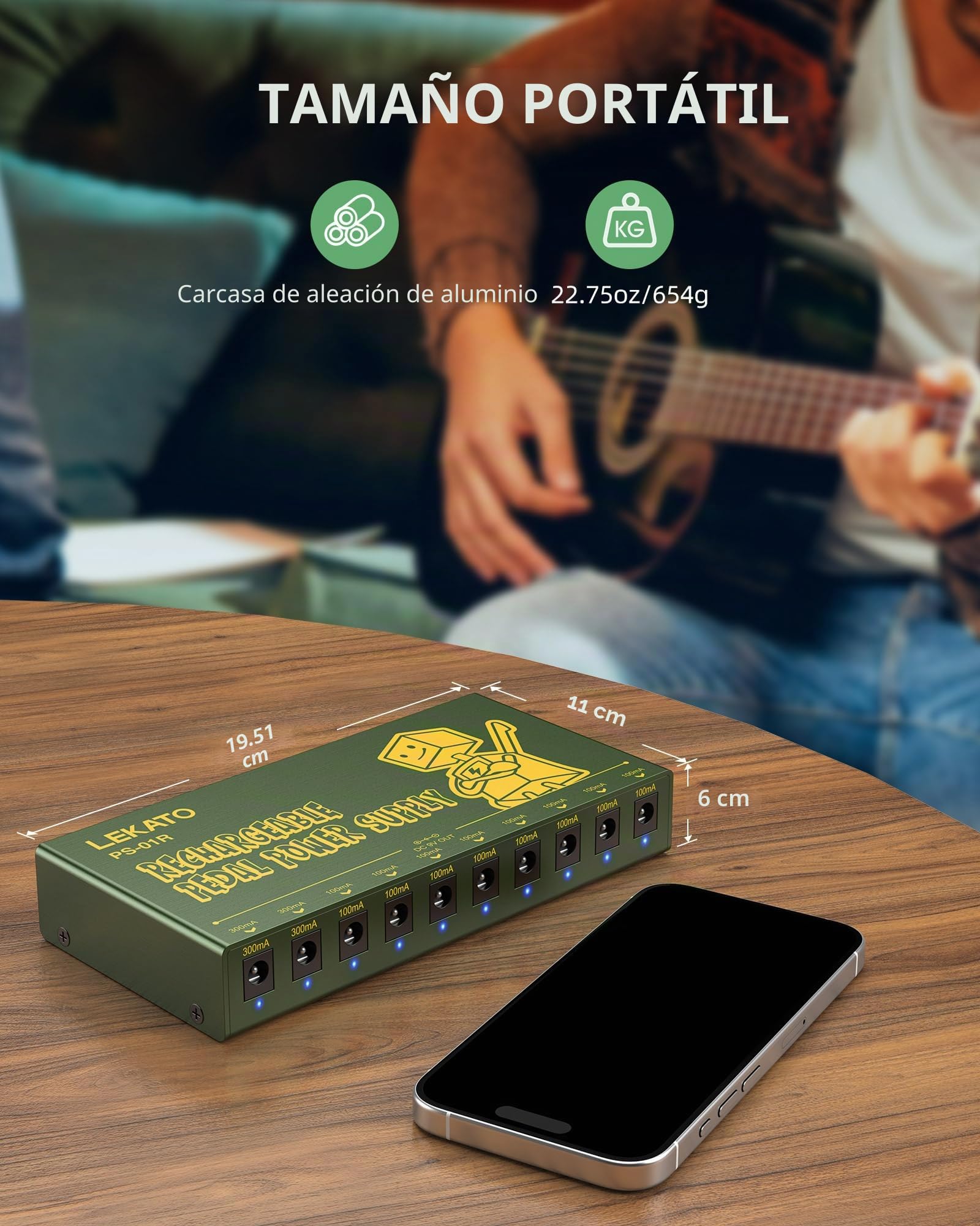 Fuente de alimentación recargable LEKATO para pedal de guitarra, batería integrada de 10000mAh, 10 salidas CC aisladas de 9V, fuente de alimentación para efectos con protección contra cortocircuitos