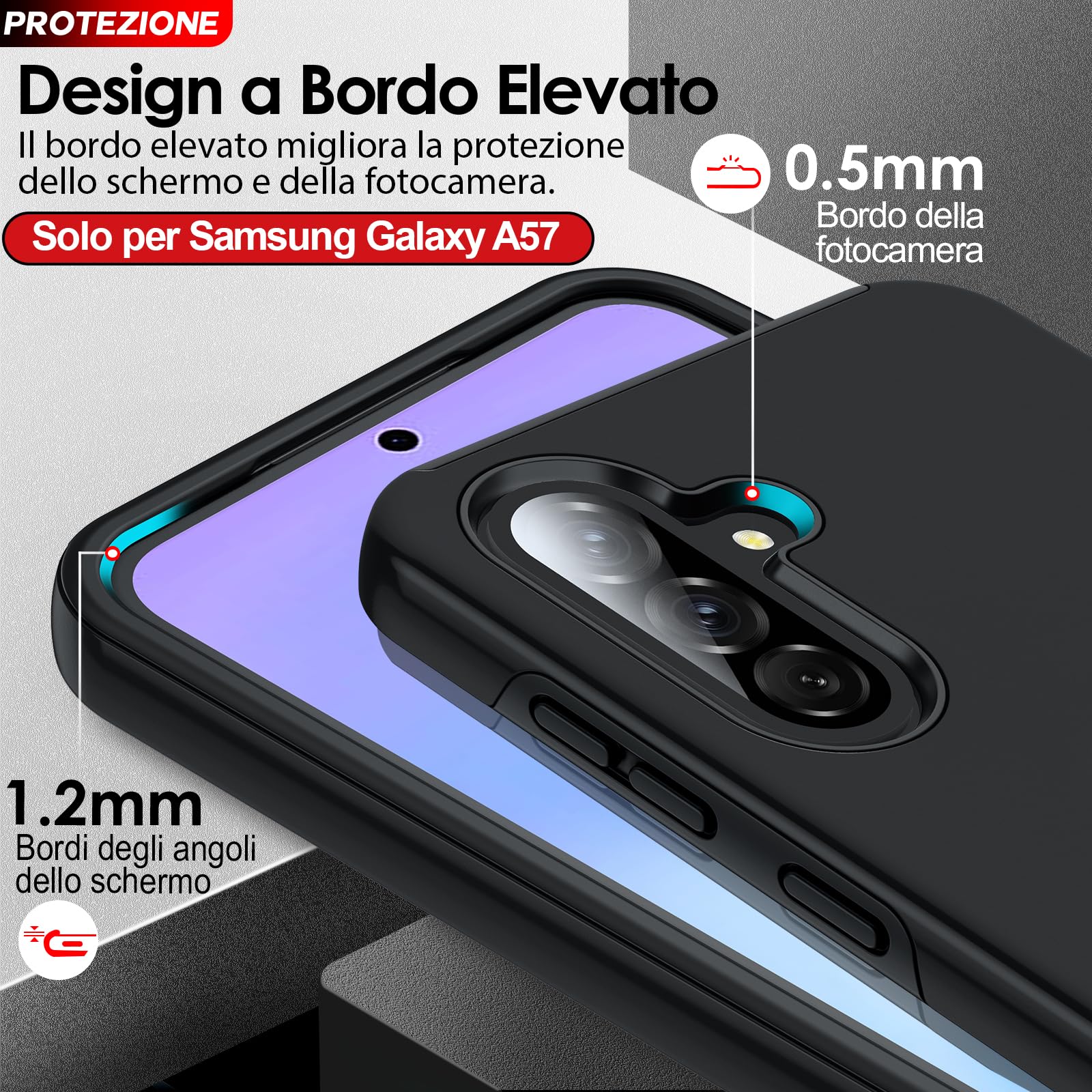 LeYi Cover per Samsung A57/A 57 con 2 Vetri Temperati - Custodia TPU+PC con Anello Girevole 360°, Protezione Militare Antiscivolo per Galaxy A57/A 57, Nero