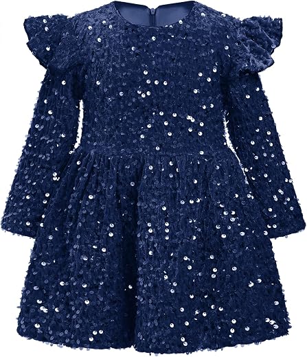 ODIZLI Kids Girls Fall Winter Long Sleeve Sequin Velvet Ruffle Tutu Dress Wedding Flower Girl Party Dress