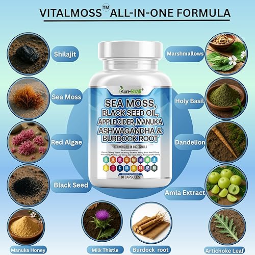 Miniatura 3 de Complejo de musgo marino  con aceite de semilla negra, shilajit, amla, moringa, cúrcuma, ashwagandha y bardana  enriquecido con vitamina C, D3,