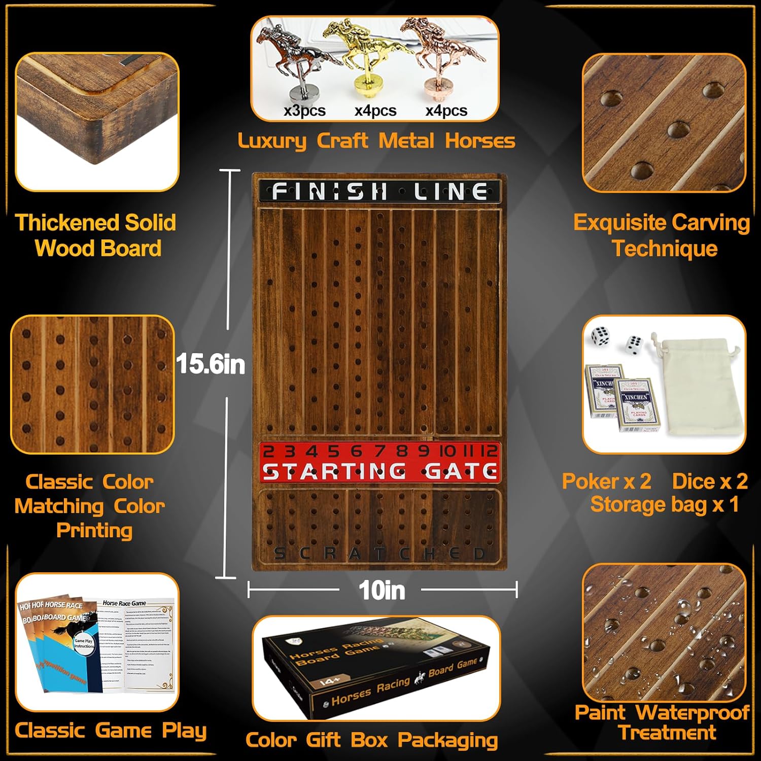 Jyquorp Horse Race Board Game Racing Game Thickened Solid Wood with 11 Luxurious Durable Classic Metal Horses with 2 Dice and 2 Boxes of Cards Horse Racing Game (Rustic Brown, Rectangle)