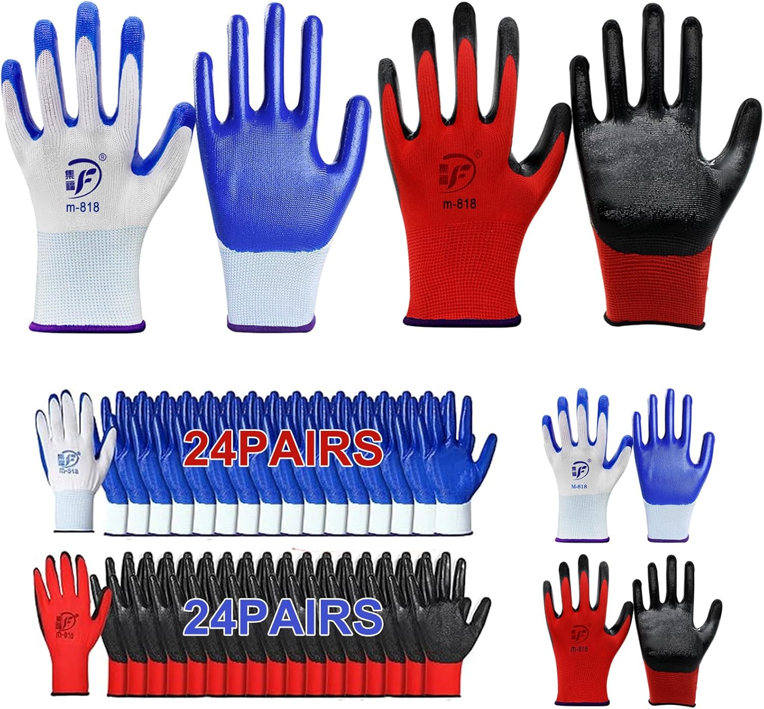 48 Pairs Work Gloves Bulk, Nitrile Coated Gardening Gloves with Grip, Breathable Safety Gloves for Men & Women, Mechanic, Warehouse, Yard Work (24 Blue, 24 Red)
