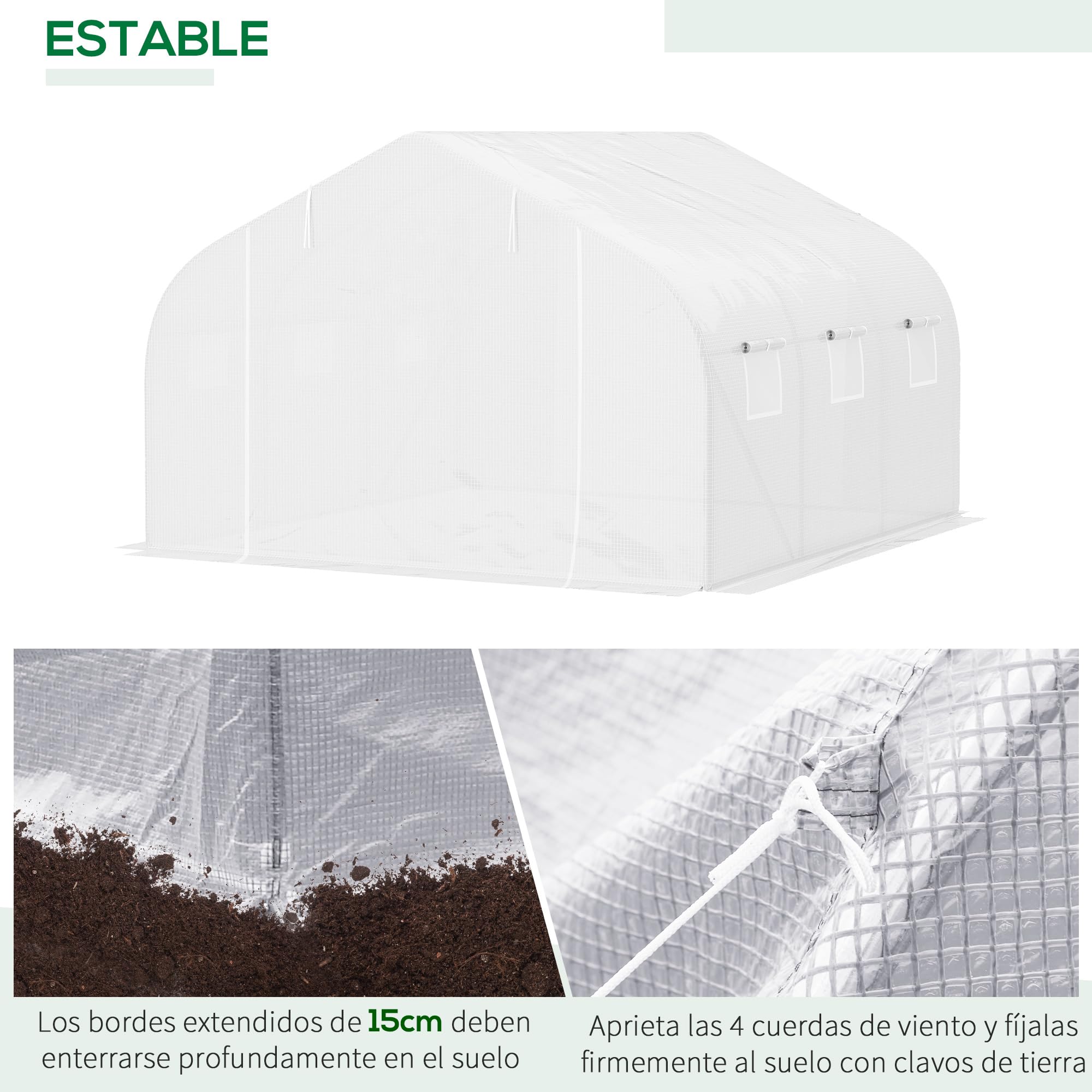 Outsunny Invernadero de Exterior Invernadero de Túnel 4,5x3x2 m Invernadero de Jardín con 6 Ventanas y Cubierta de Polietileno PE 140 g/m² para Plantas Flores Verduras en Patio Blanco