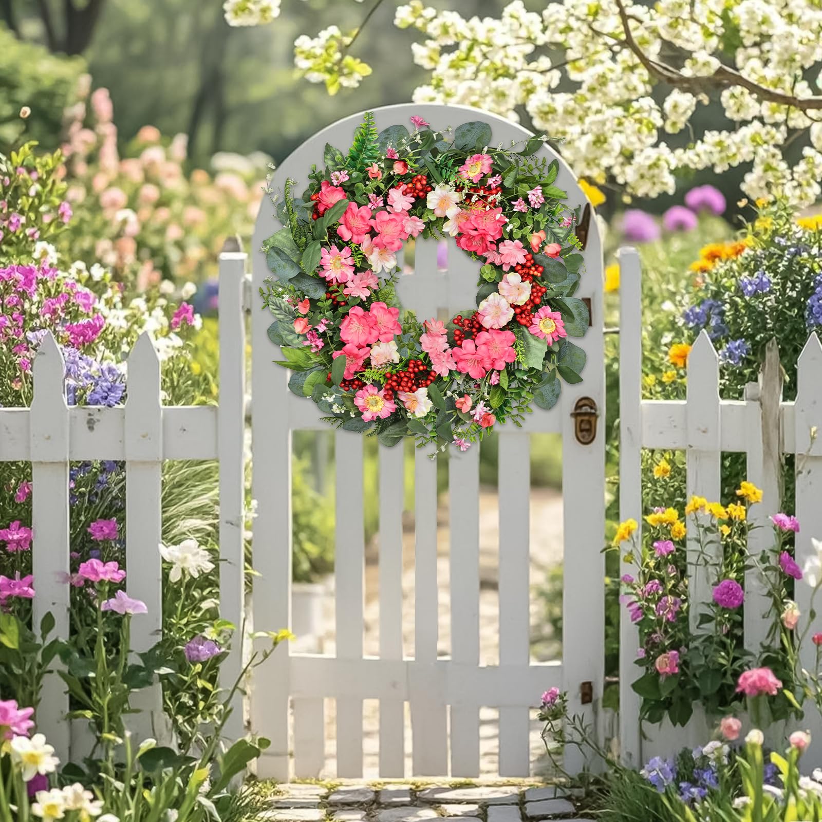 18" Pink Daisy & Lavender Wreath - Spring Summer Front Door Decor, Faux Eucalyptus & Wildflowers