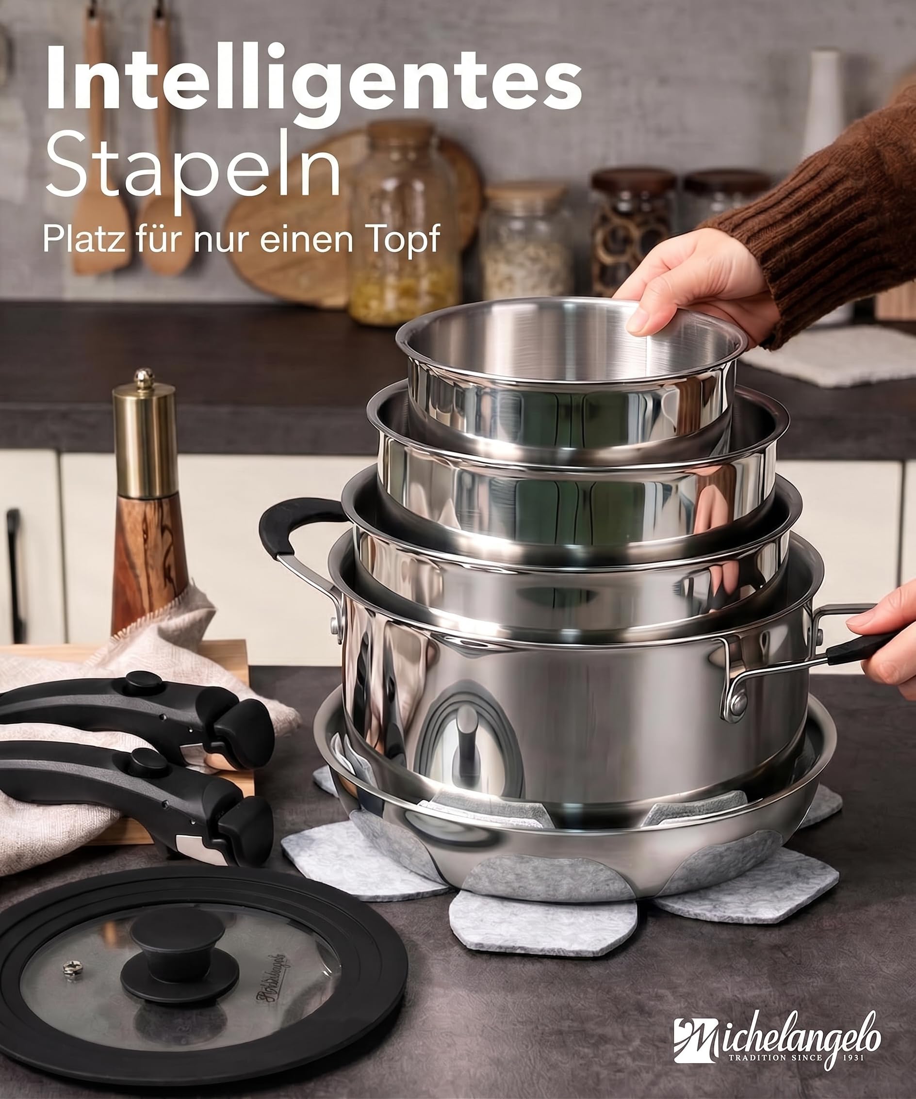 MICHELANGELO 14-teiliges Topfset Induktion, Edelstahl, abnehmbare Griffe | Stapelbares Kochgeschirr Set | Durchgehend 3-lagig | Platzsparend für Camping & Wohnmobil | Topf- und Pfannenset