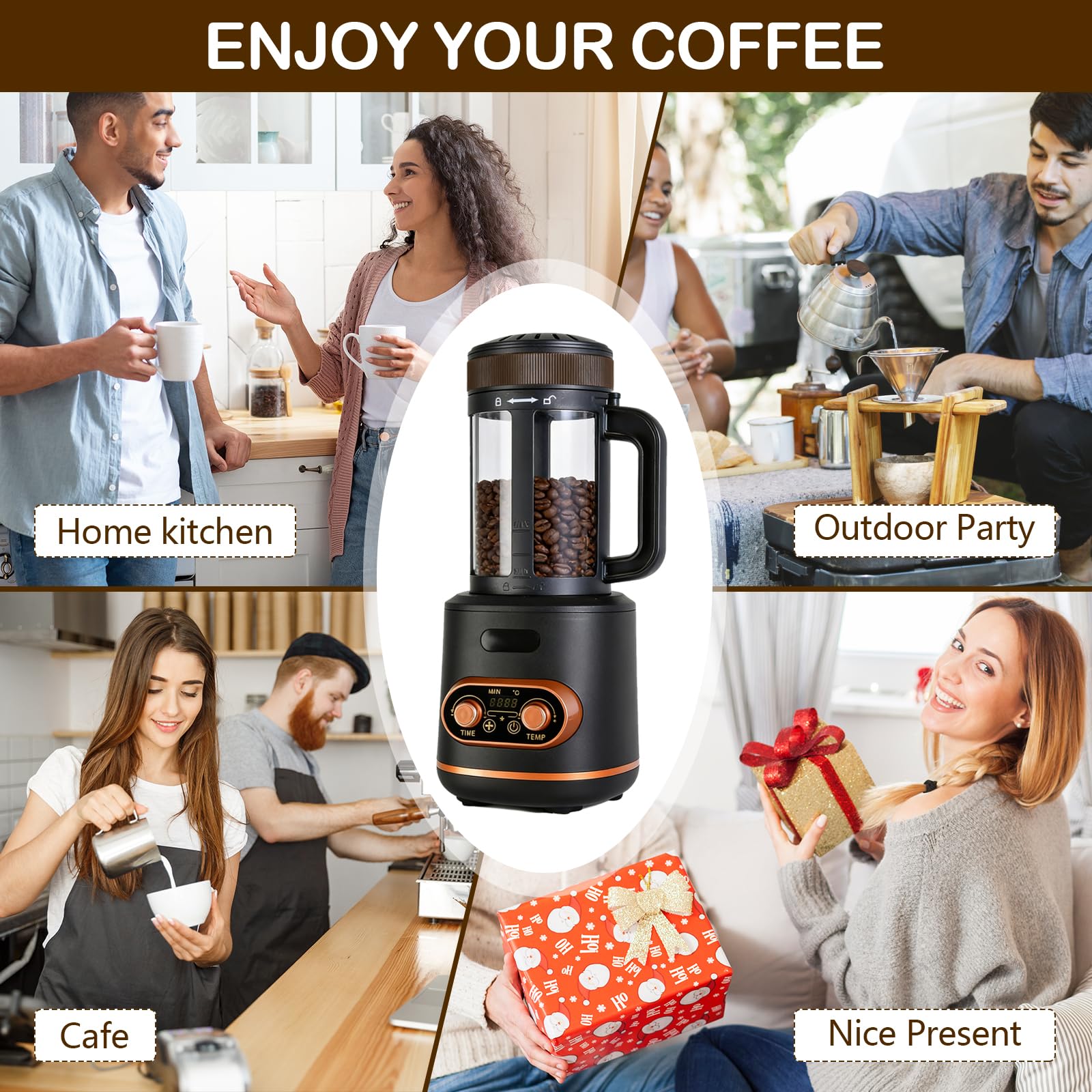 Torréfacteur à café à air chaud 200 g, machine automatique 2200 W pour grains de café, bol à grains séparé, température et minuterie réglables en continu, idéal pour la maison et le café