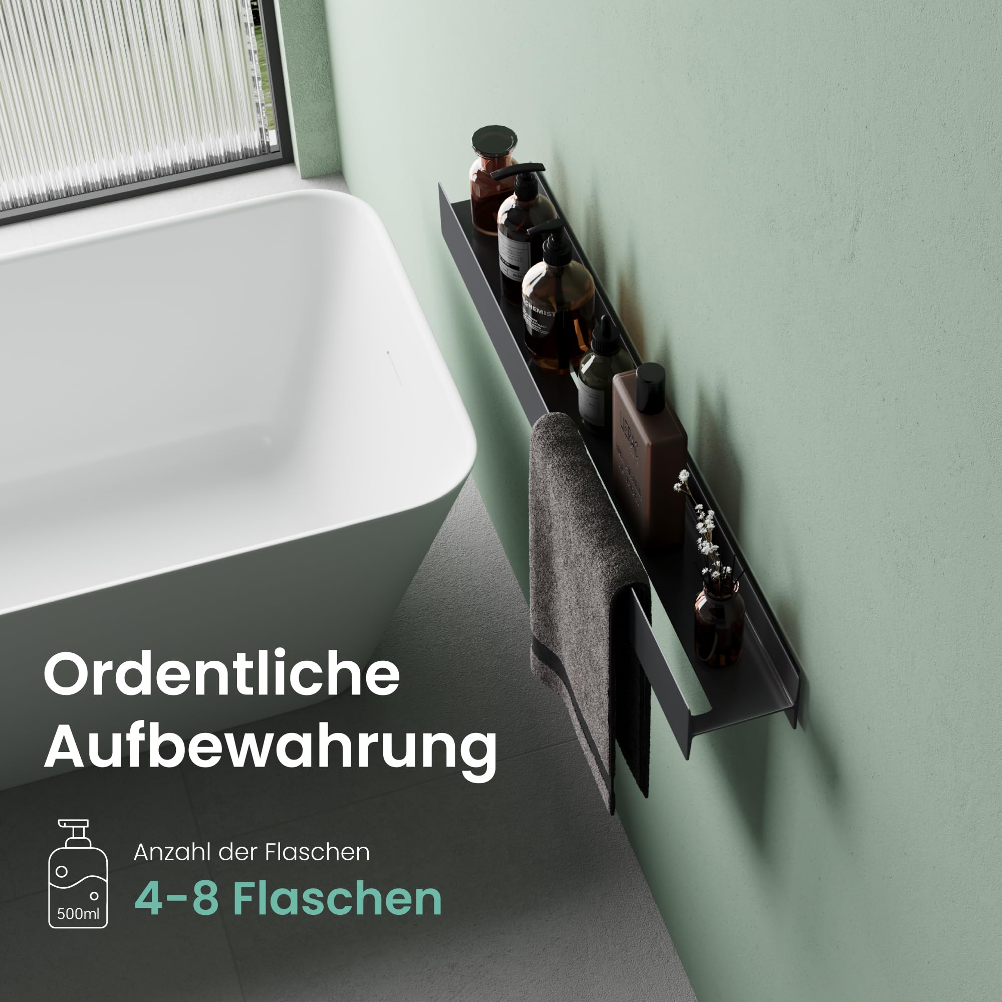 Mai & Mai Duschablage ohne Bohren 80cm Duschregal Matt schwarz | Badregal zum Bohren oder Kleben, Badezimmerablage zur Wandmontage Badezimmer Organizer für Bad, Küche, Reglo-03
