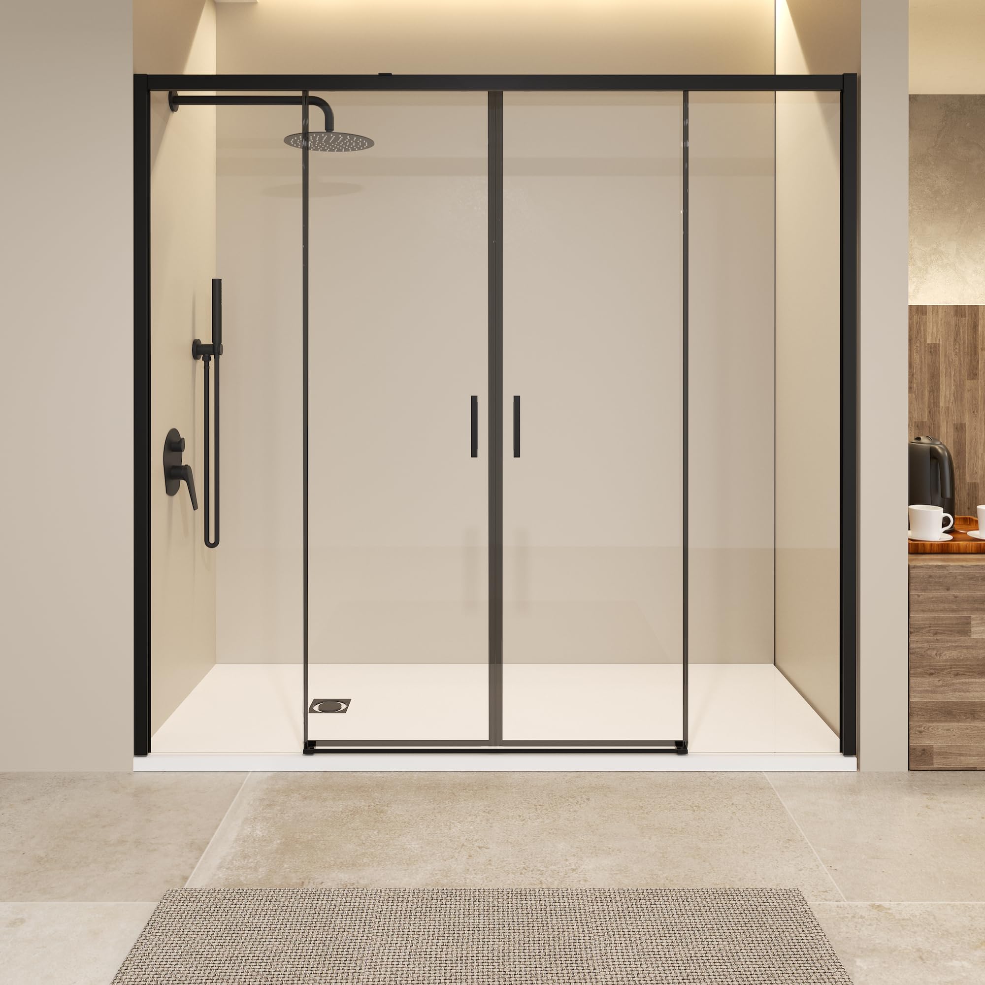 IMEX - Mampara Ducha Dos Puertas Negra Frontal 2 Fijas + 2 Correderas 145cm | Mampara de Cristal Reversible y Antical con Ancho Adaptable 141 a 146cm | Perfilería de Aluminio con 195cm de Altura