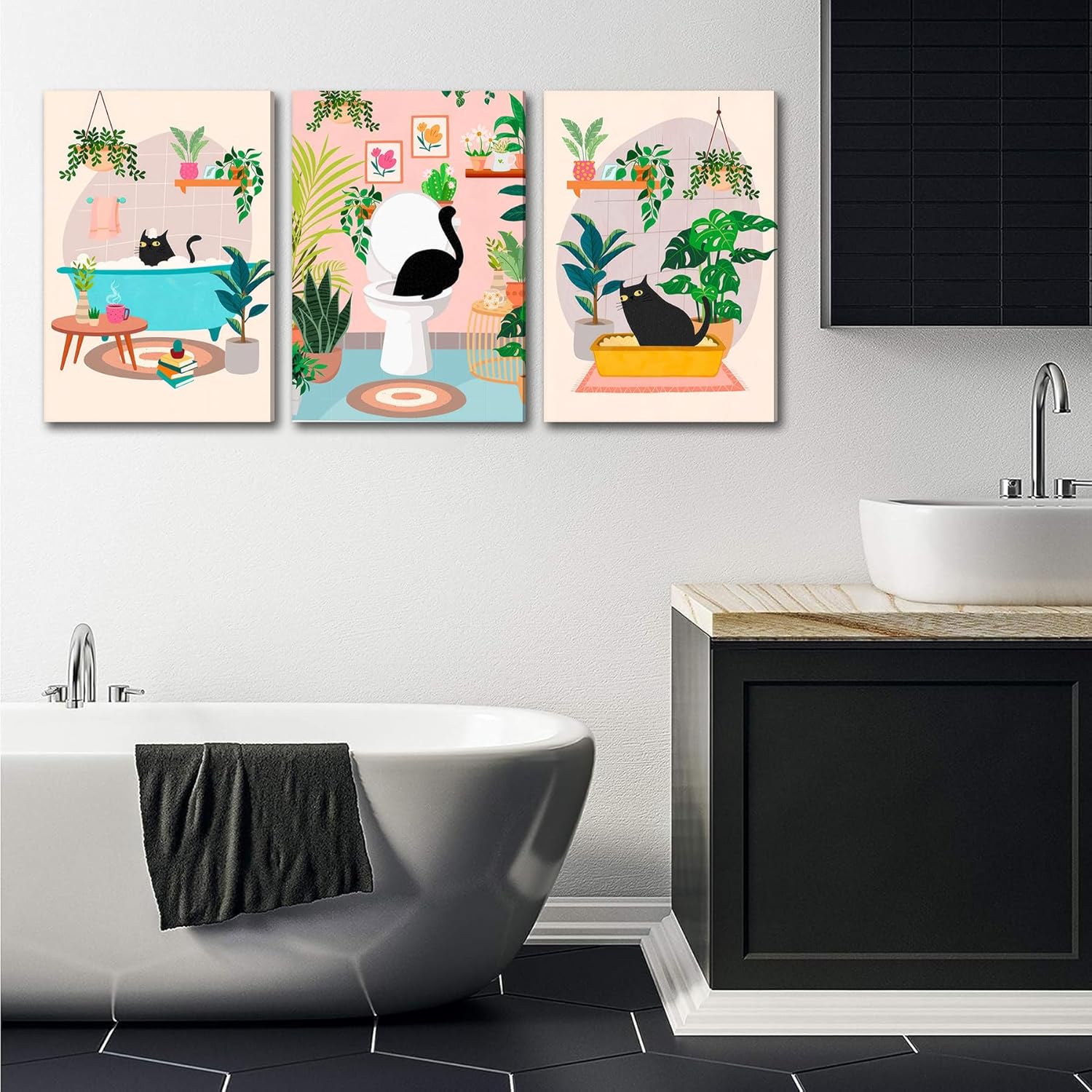 3pcs Black Cat Bathroom Canvas Wall Art Funny Cute Vintage Cats Wall Decor Pictures Green Plants Black Cat Posters Prints for Bathroom Toilet Decoration Ready To Hang