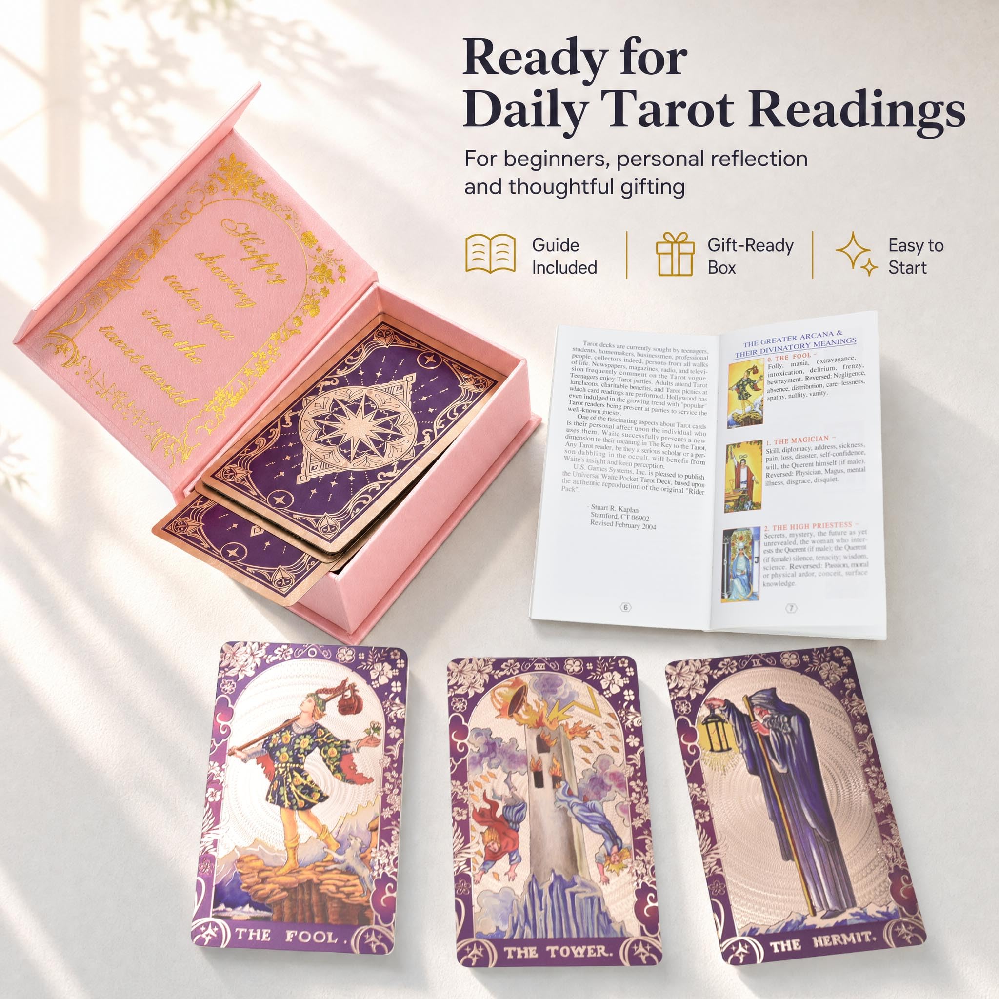 Baraja Tarot Rider Waite en Inglés, 78 Cartas con Lámina Dorada, Diseño Holográfico Impermeable Pet, 2 Cartas de Repuesto, Guía, Bolsa de Terciopelo y Caja de Regalo