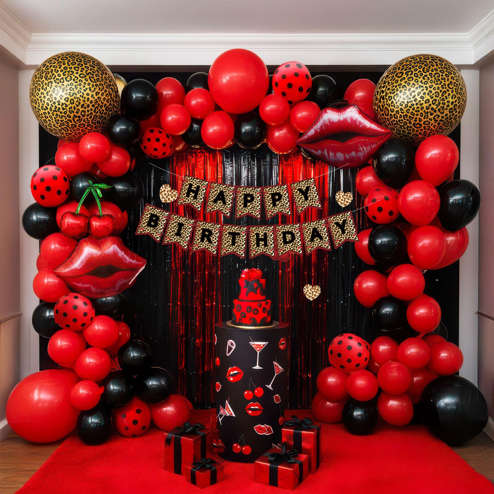 Leopard print party decorations with Red Black polka dot Balloon Arch & lips cherries black hearts foil balloons & banner foil Tinsel Fringe for Girls