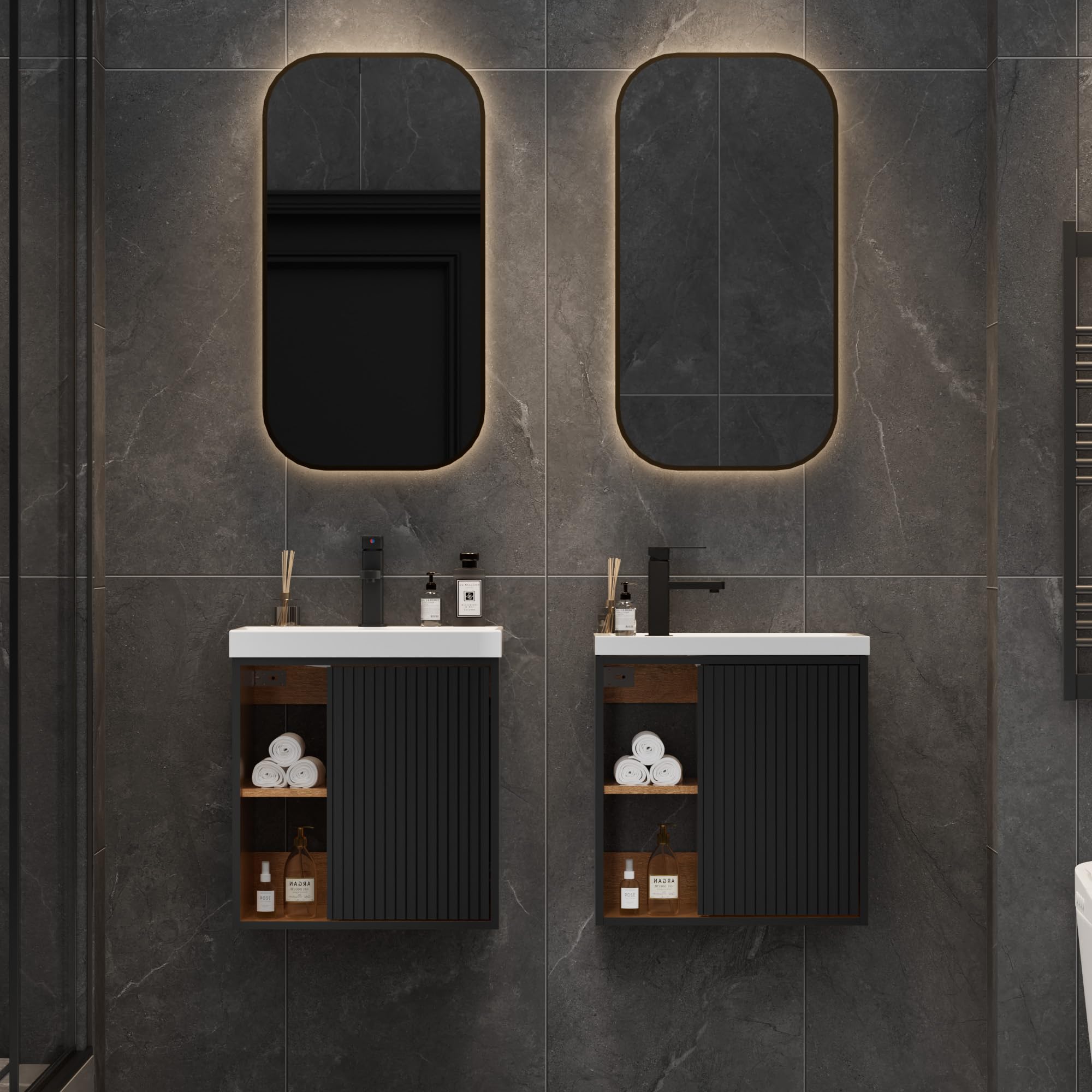 UEV Meuble Lave-Mains Suspendu avec Lavabo en Résine - Meuble de Salle de Bain Mural Gain de Place - Design Moderne à Lignes Verticales et Poignées Métalliques - Rangement Caché, 50x38x55cm, Noir