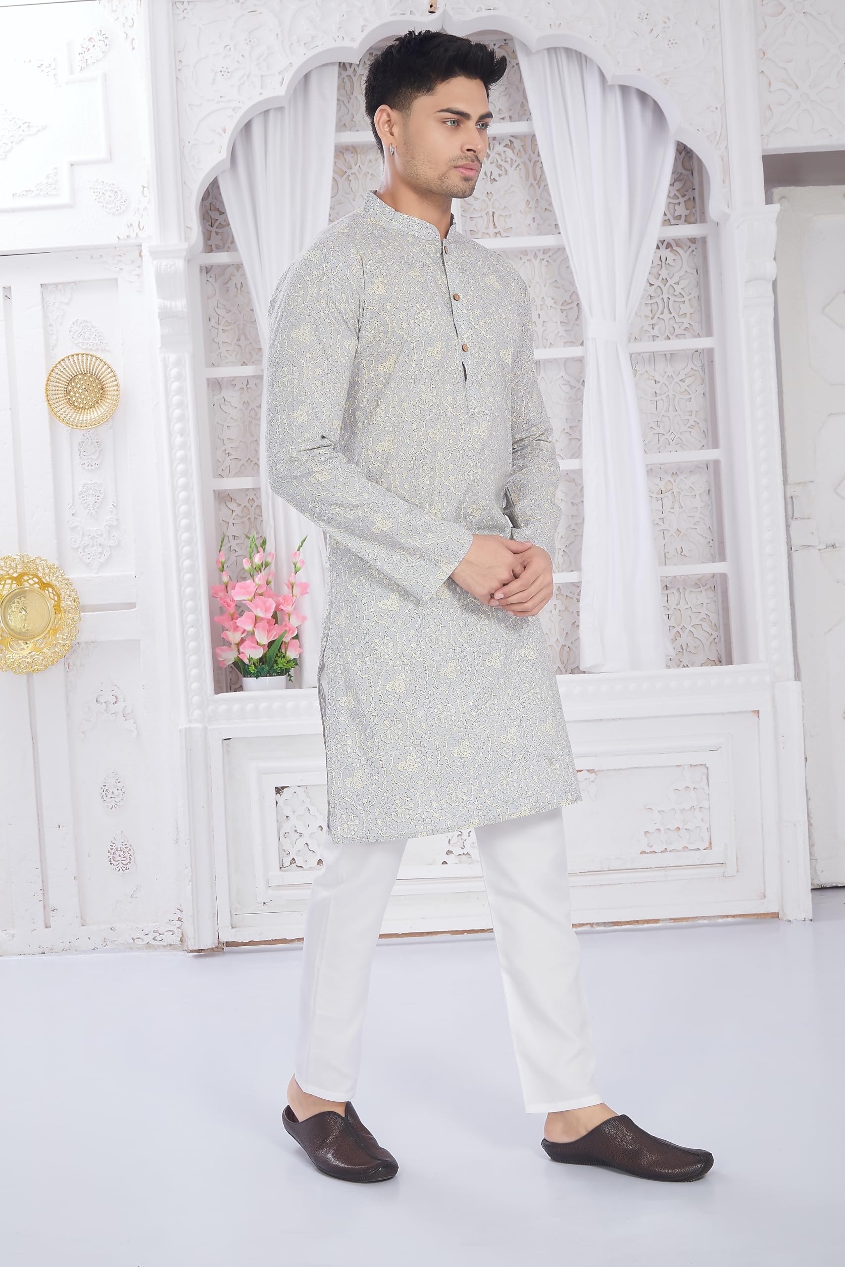 Divisive Men's Ethnic Block Printed Soft Pure Cotton Only Slim Fit Kurta (Dkrt658_Xxl_Lt Grey)