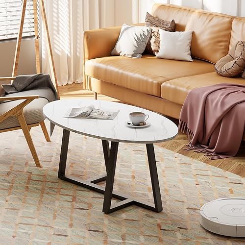 Miniatura 4 de Mesa auxiliar pequeña ovalada, mesa de mármol sintético blanco para sala de estar, mesas de té centrales modernas para espacios pequeños, mesas