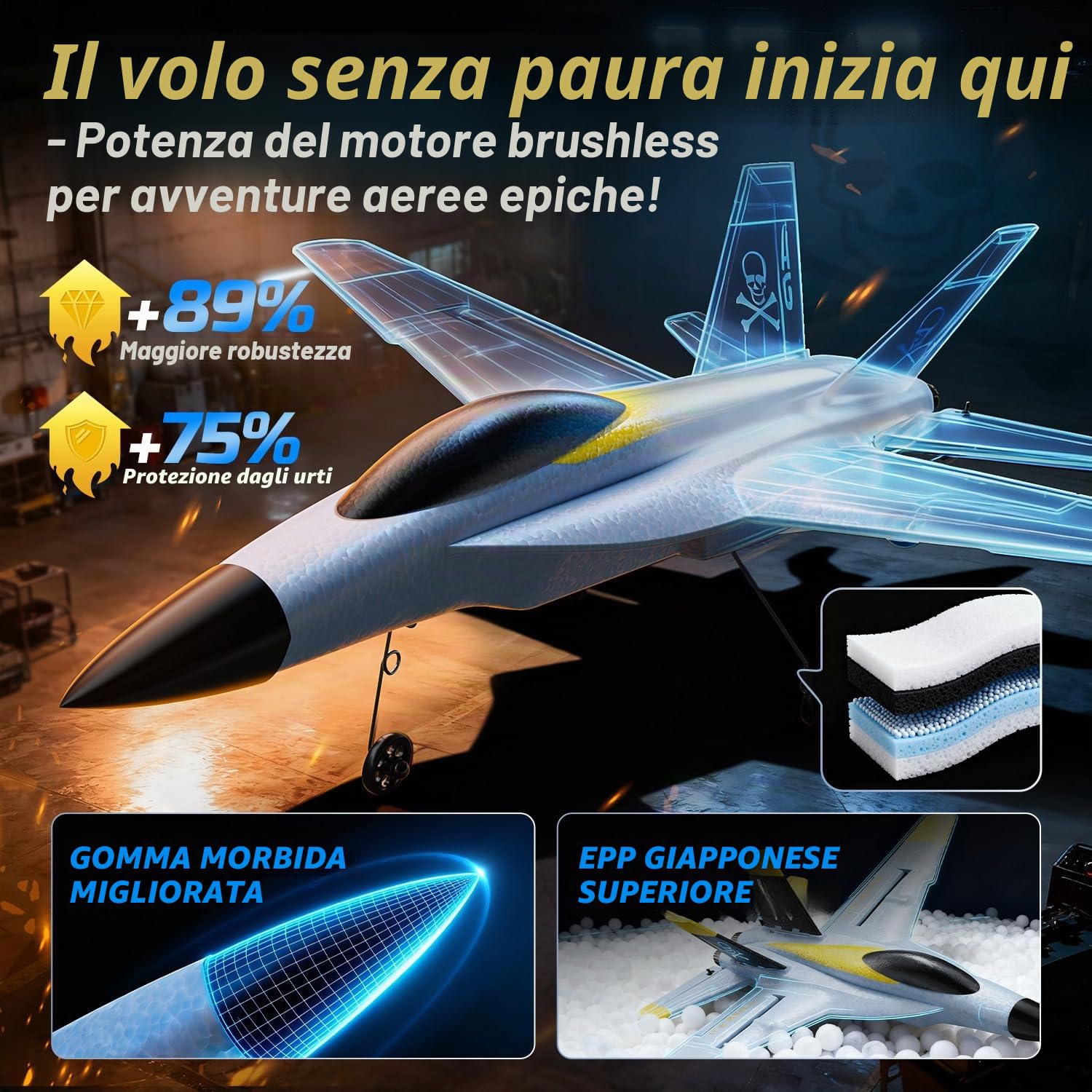 DEERC Aereo Telecomandato Brushless a 4 Canali, Giroscopio Avanzato, Acrobazie Flip a 360°, Avviso Batteria Scarica, Aereo RC con 2 Batterie, Facile da Pilotare per Adulti e Bambini