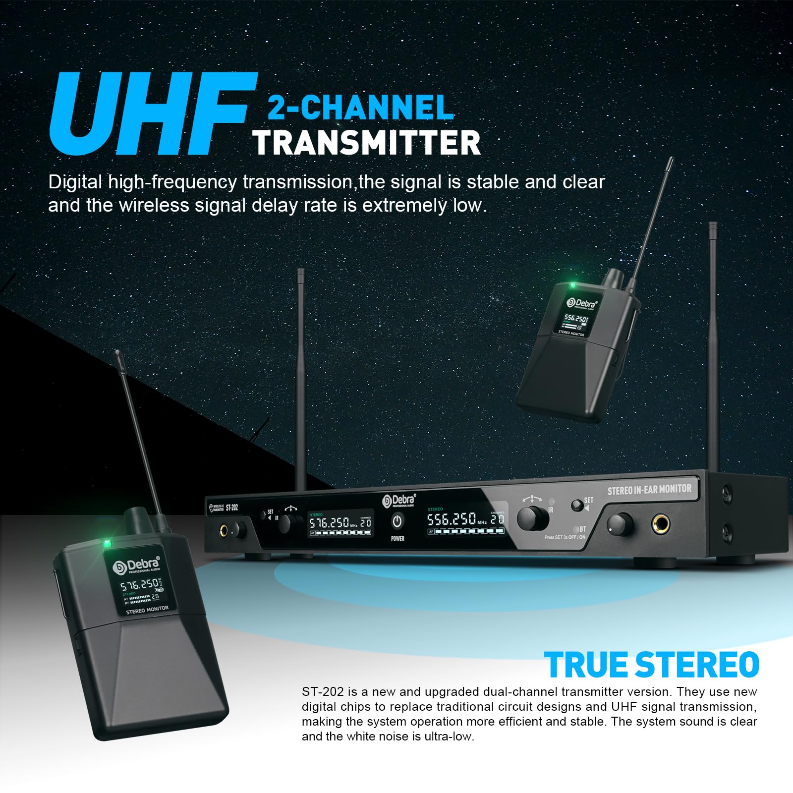 D Debra ST-202 UHF Drahtloses In-Ear-Monitor-System mit Ohrhörer,197Ft,Professionelles IEM-Stereosystem mit Sender und Beltpack für Studio,Veranstaltungen,Bandproben (Dual Channel,2 Bodypack)