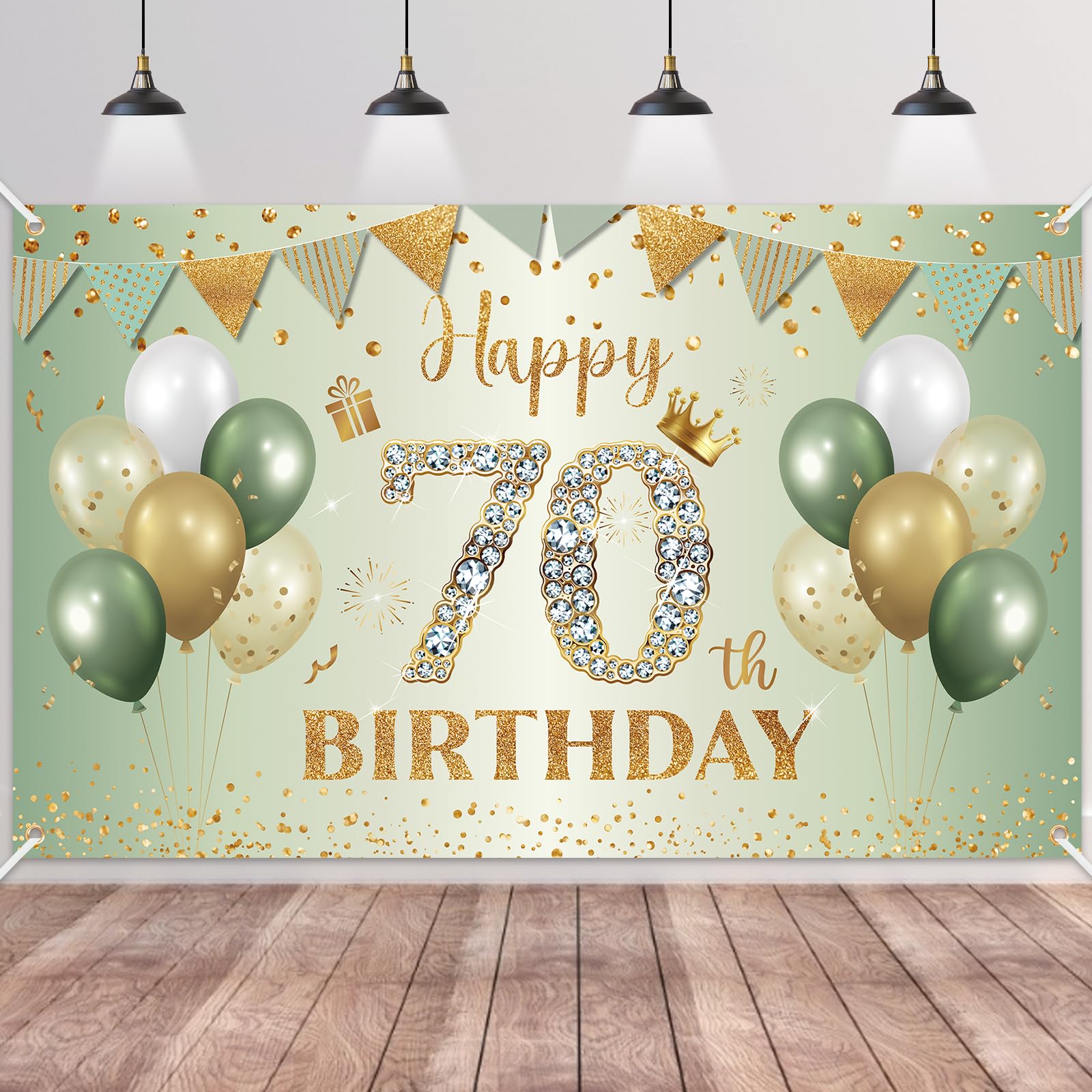 Happy 70th Birthday Banner Sage Green Gold,BTZO 70th Birthday Backdrop for Men Women,70th Birthday Decorations Fabric Photo Backdrop Background Signs for 70 Years Old Birthday Party,180×110cm