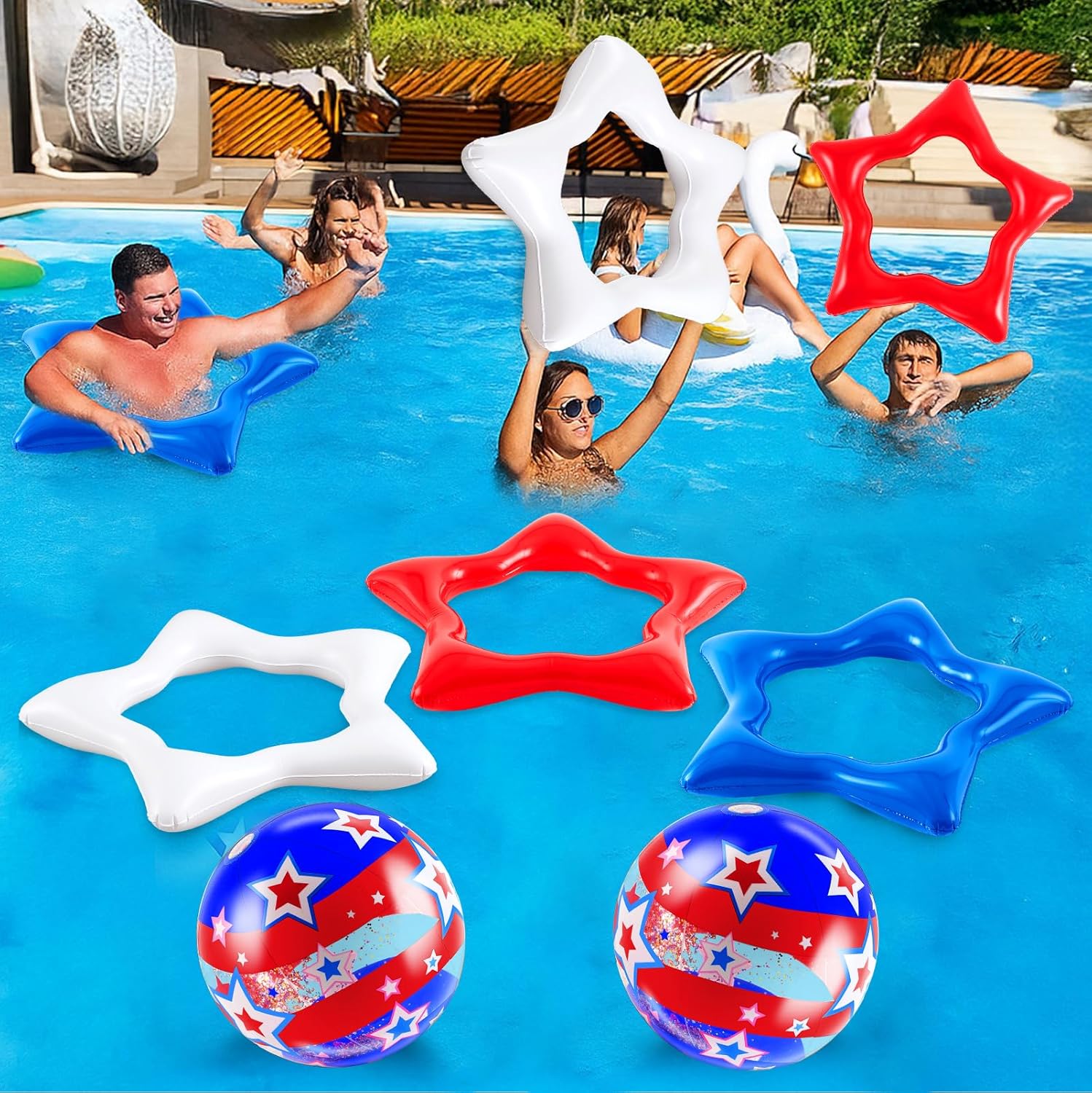 5 American Patriotic Inflatable Pool Floaties Set Include 3 Pcs 40 Inch American Stars Blue and White Pool Floats 2 Pcs 16 Inch Inflatable USA Float Beach Ball for Adults Swimming Sea Party