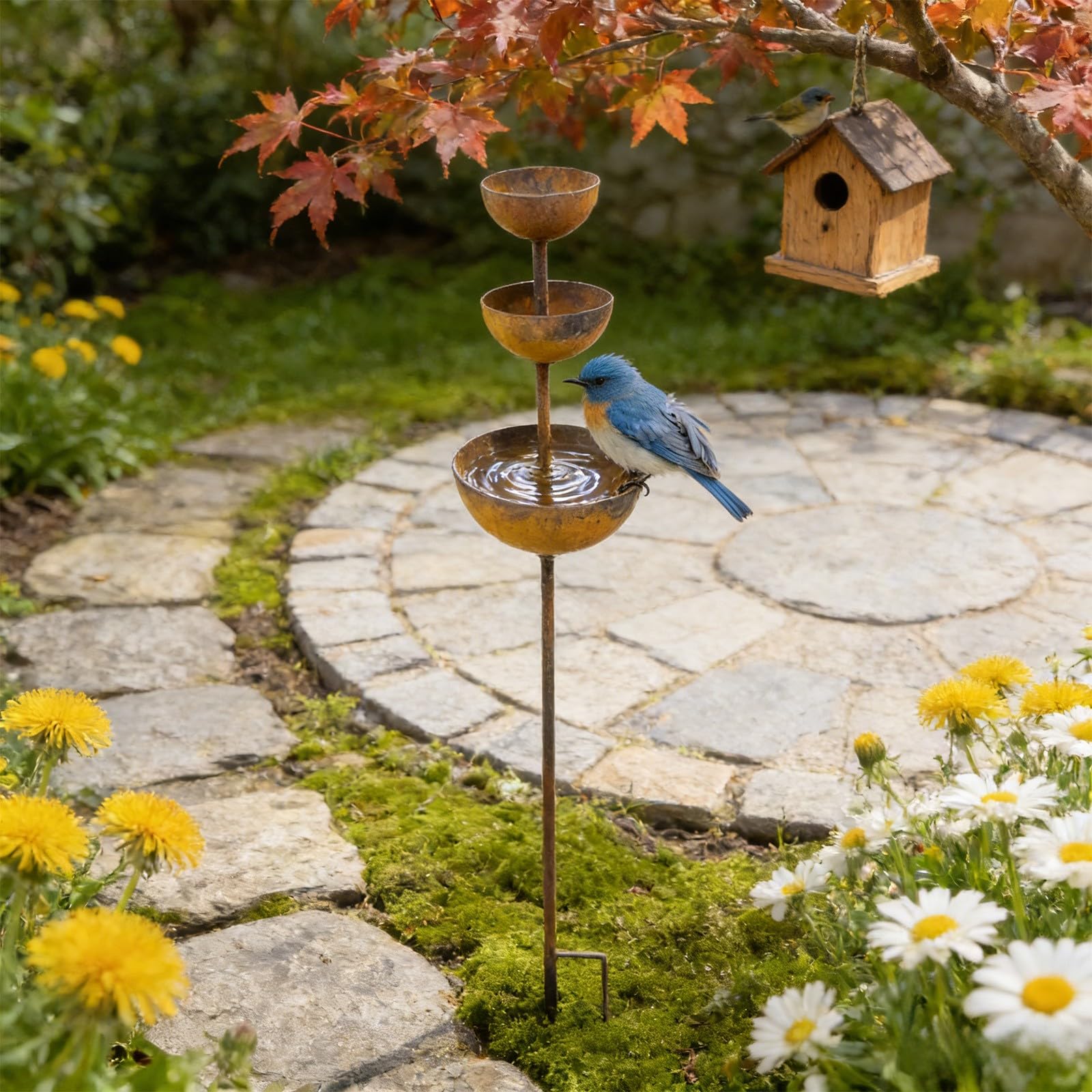 Metal Garden Rain Catcher Ornament,Large Cup 10cm Height 68cm, Metal Garden Ornaments for Outdoor Rainwater Collection Bird Landscape