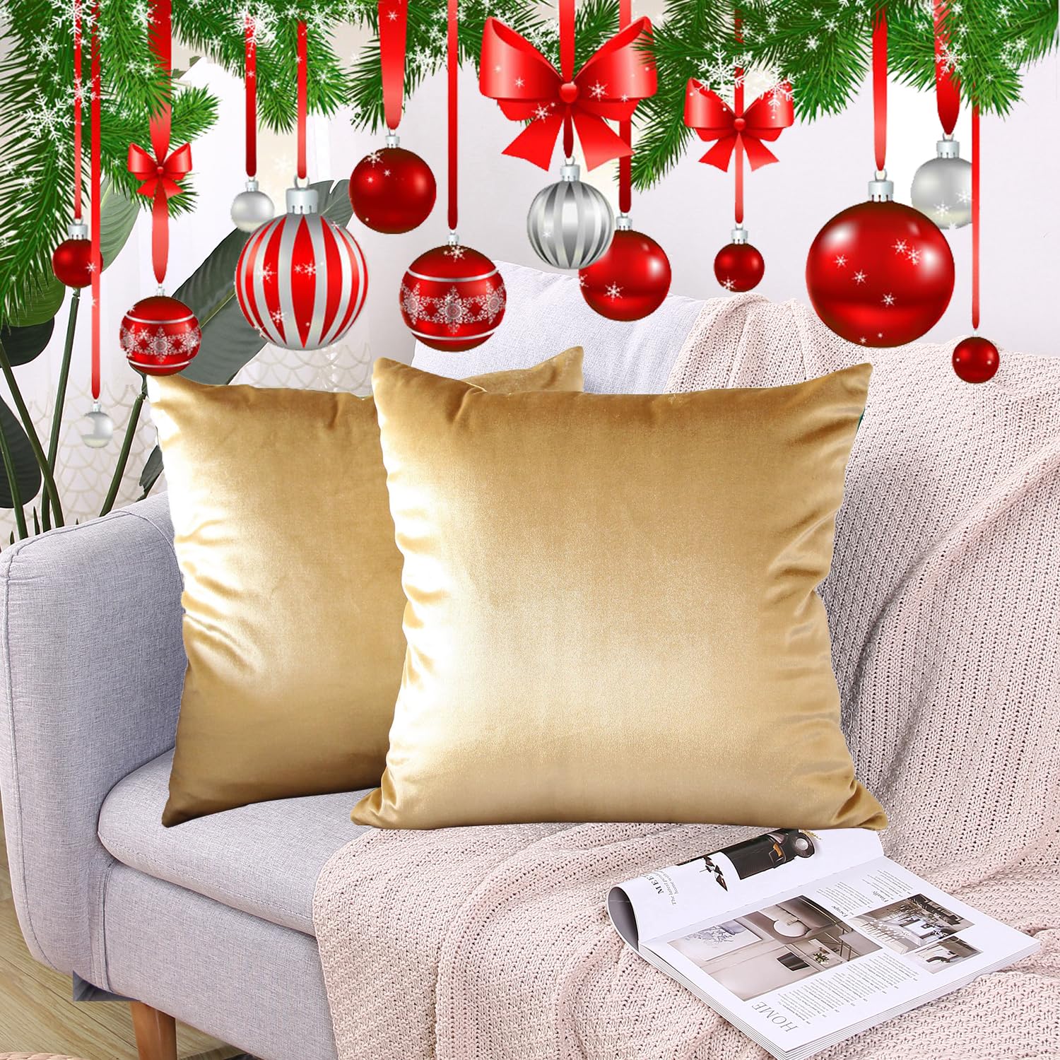 CXTAI 2x Golden Velvet Cushion Covers Decorative Square Throw Pillow Cover Pillowcase 16"x 16"40 x 40cm, 2pack_golden