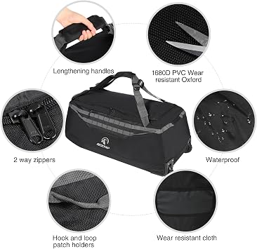 REDCAMP 140L Extra Large Holdall with Wheels, Foldable Wheeled Duffle Bag | Waterproof 1680D Oxford,Smooth Rolling Wheels,Soft Suitcase Luggage with Rollers for Travel Camping Sports Outdoor
