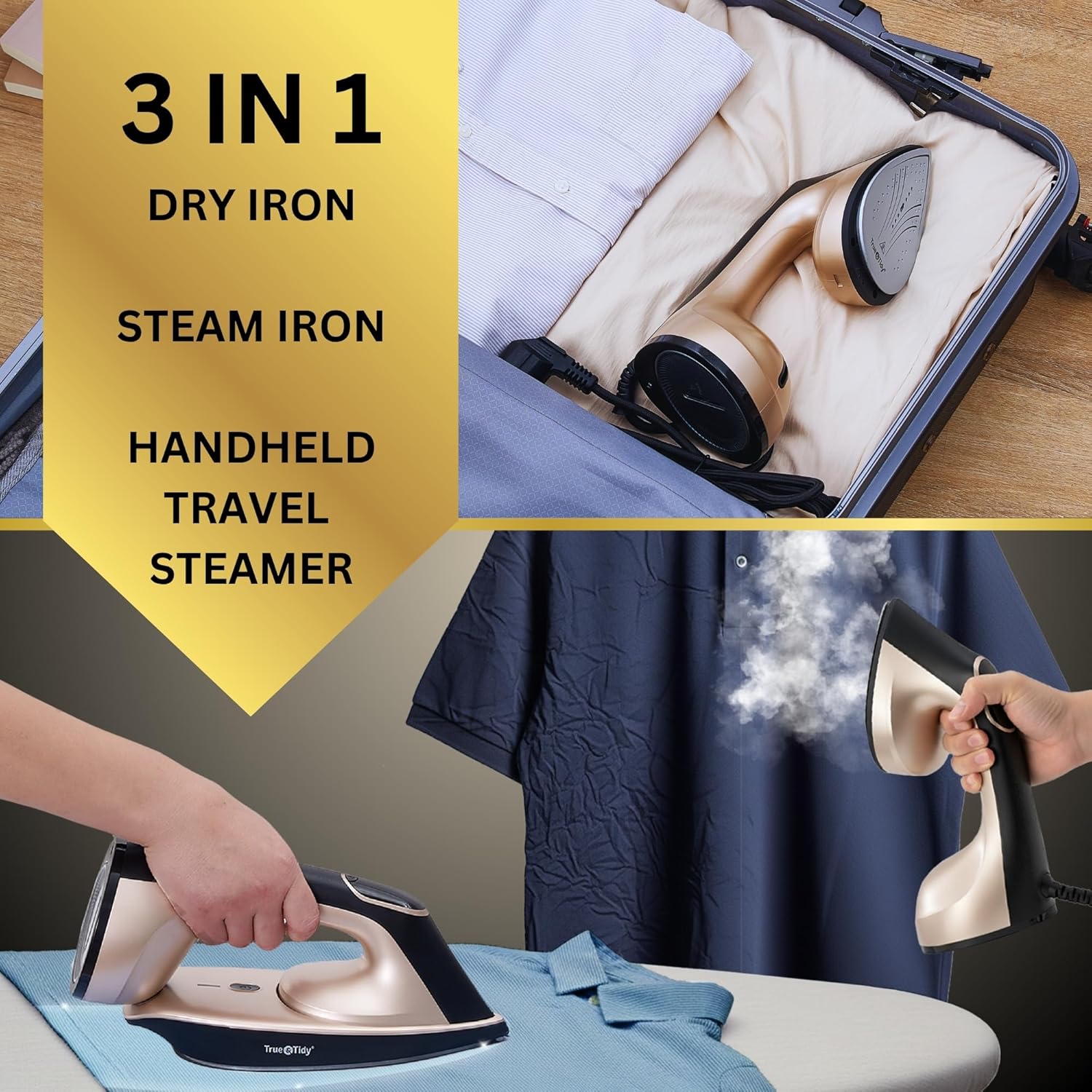 True & Tidy DuoPress XL 2-in-1 Clothes Steamer & Iron, 1600W Powerful Turbo Steam, Large Ceramic Plate, Smart Temperature Control, 3 Steam Modes