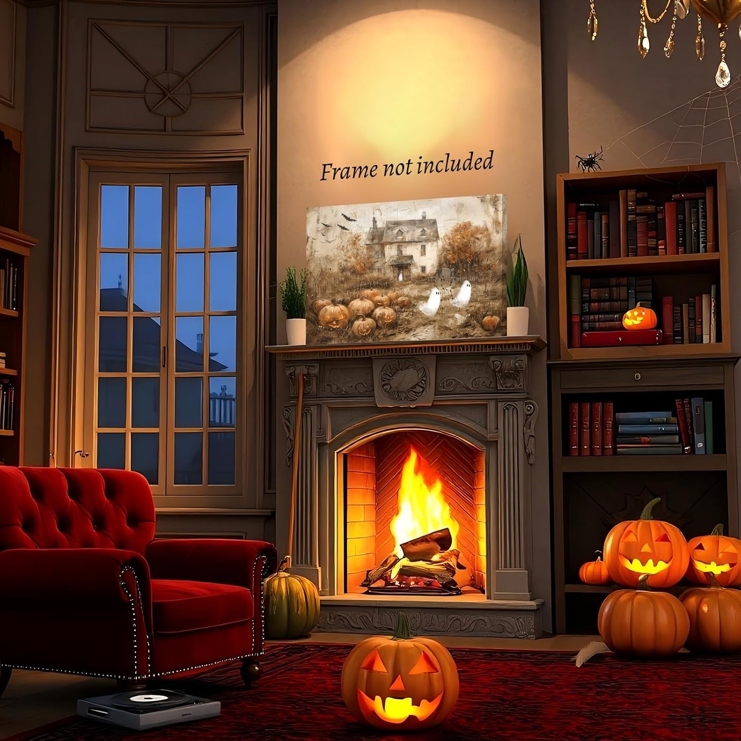 Vintage Halloween Haunted Farmhouse Wall Art Rustic Pumpkin Patch with Cute Ghosts Poster Canvas Print Spooky Gothic Country Cottage Decor for Bedroom Living Room 12x18inch Unframed