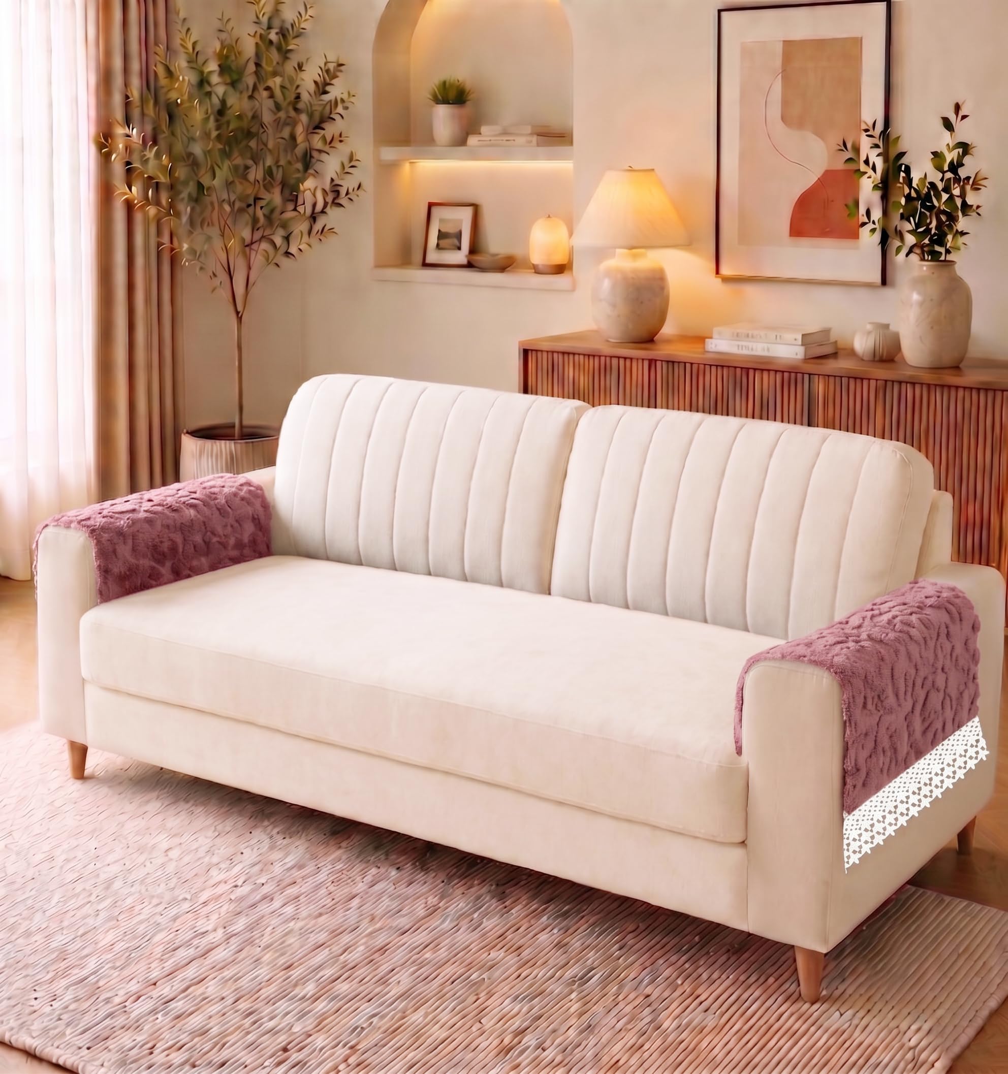 RD TREND® Premium Faux Rabbit Fur with Decorative Lace Border Armrest Cover for Sofa, Set of 2 | Anti-Skid Sofa Mat -60 X 60 Cm | Dusty Pink-image-37