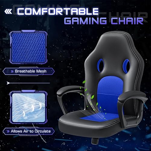 Miniatura 5 de Silla ejecutiva de piel para oficina, sala de conferencias o videojuegos con respaldo alto, ergonómica, ajustable., Cuero, Azul