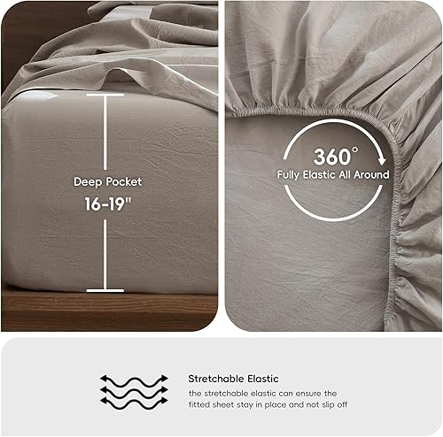 Miniatura 6 de MooMee - Juego de sábanas 100% algodón lavado, textura parecida al lino, transpirable, duradero, suave y cómodo (color gris crema, tamaño