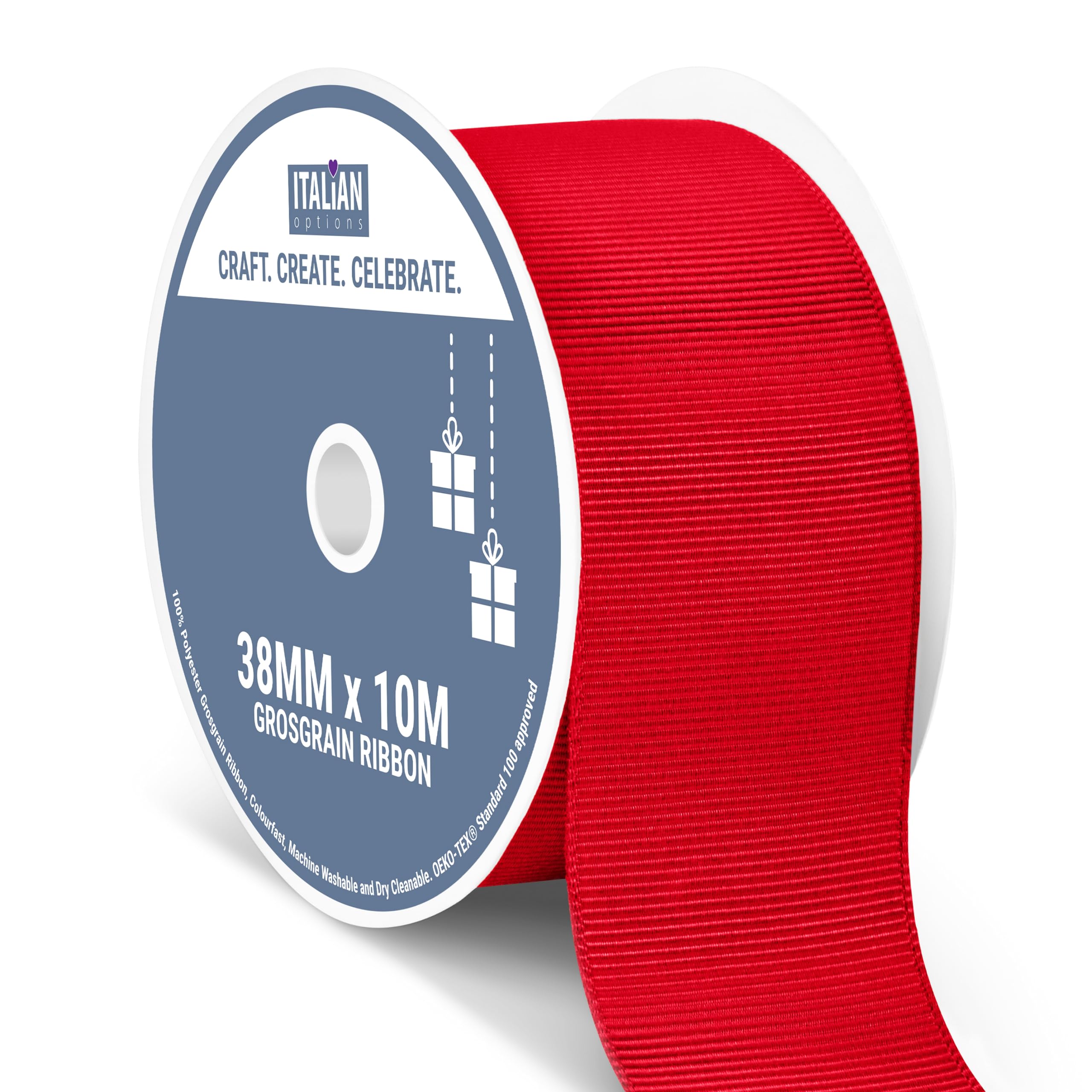 Italian Options Grosgrain Ribbon 38mm, Strong Plain Red Ribbon for Bows, Wedding, Crafting, Sewing, Hair Accessories, Gift Wrap, 38 mm x 10 Metre Roll, Red — image 1