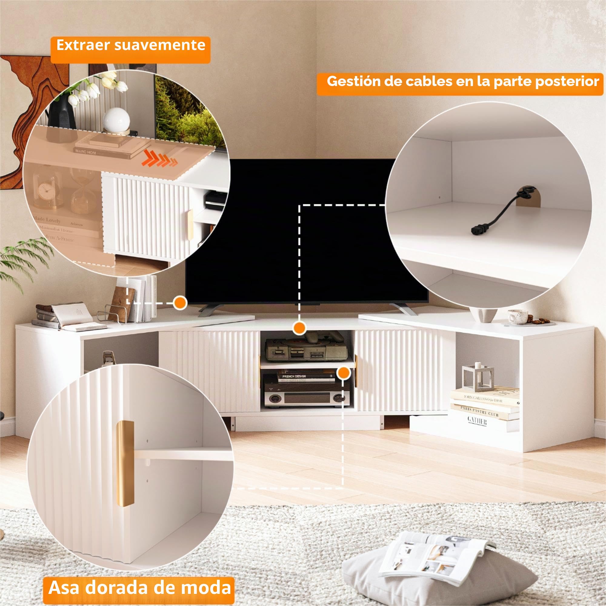 IRONCK Mueble de TV Extensible de 160 a 200 cm, para televisores de 30 a 75 Pulgadas, con Esquina giratoria, de Madera, 2 Puertas y Espacio de Almacenamiento Ajustable, Moderno, para salón, Color