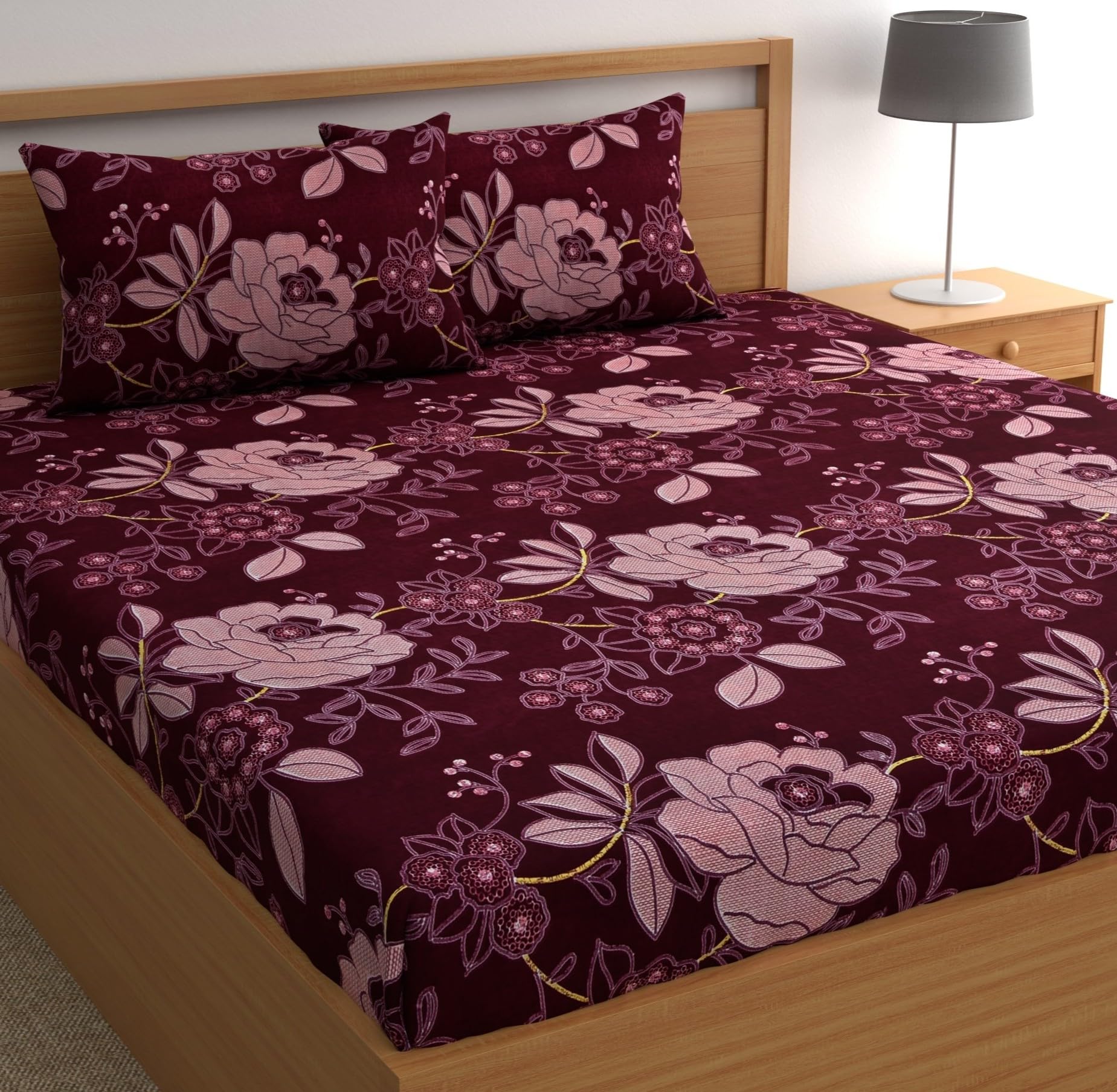 DREAMLET Cozy & Comfy Collection 210 TC Glace Cotton Chic & Classic Double Flat Bedsheet with 2 Matching Pillow Covers (Maroon Floral, Flat)-image-18