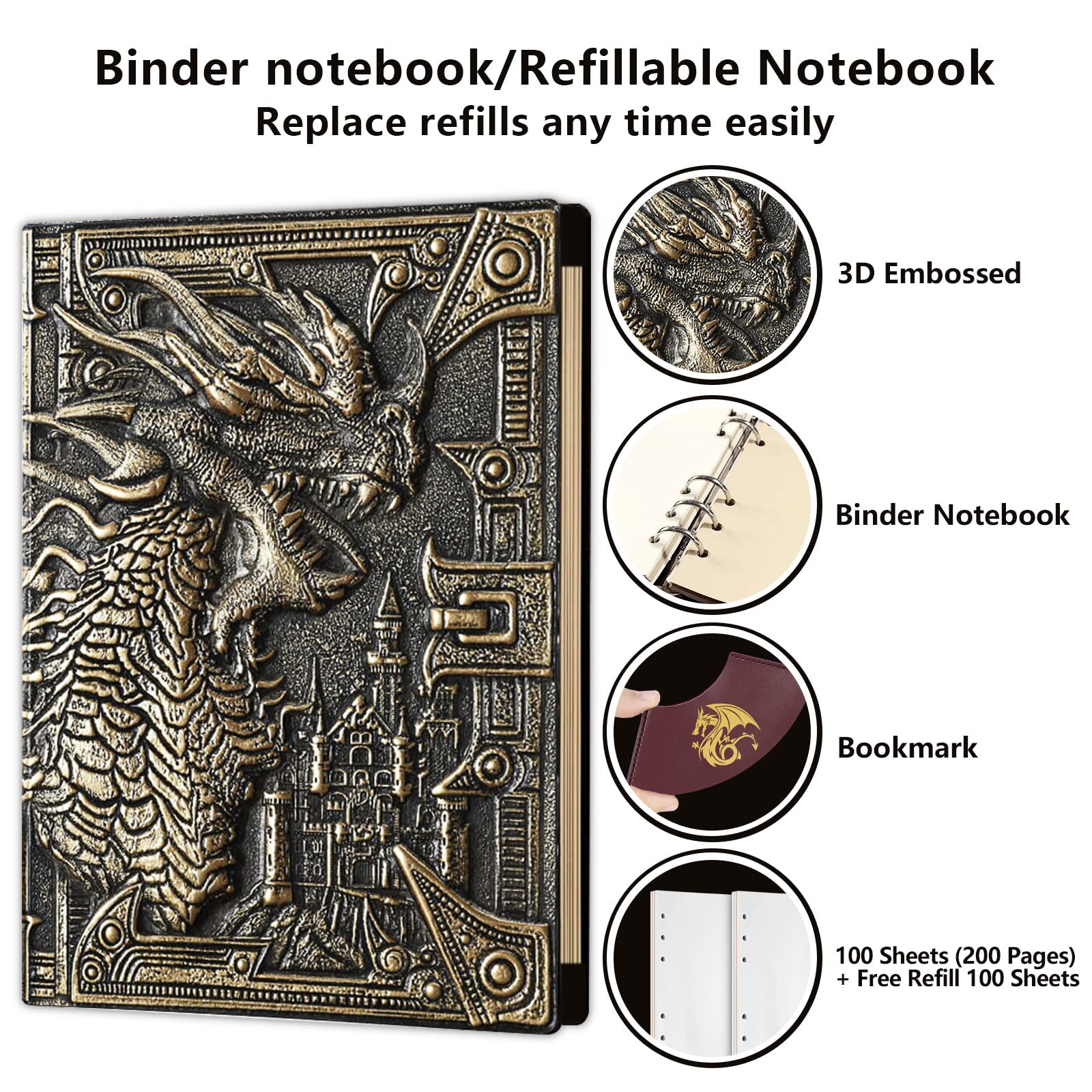 Ancient Deer DND Carnet rechargeable en cuir vintage 3D avec marque-page pour donjons et dragons Accessoires D&D Excellent cadeau DM GM et joueur (dragon brone)