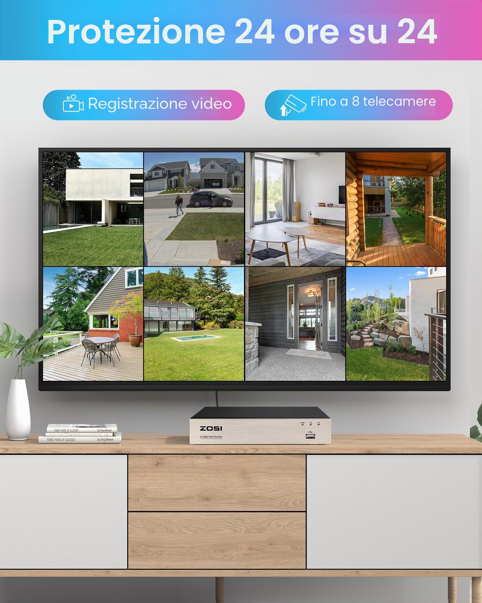 ZOSI 1080P Kit Videosorveglianza, 8CH H.265+ 1TB DVR con 4X 1080p telecamere per Interno ed Esterno, Visione Notturna da 80 piedi, Registrazione 24/7, Rilevamento di Movimento, Avviso e-mail