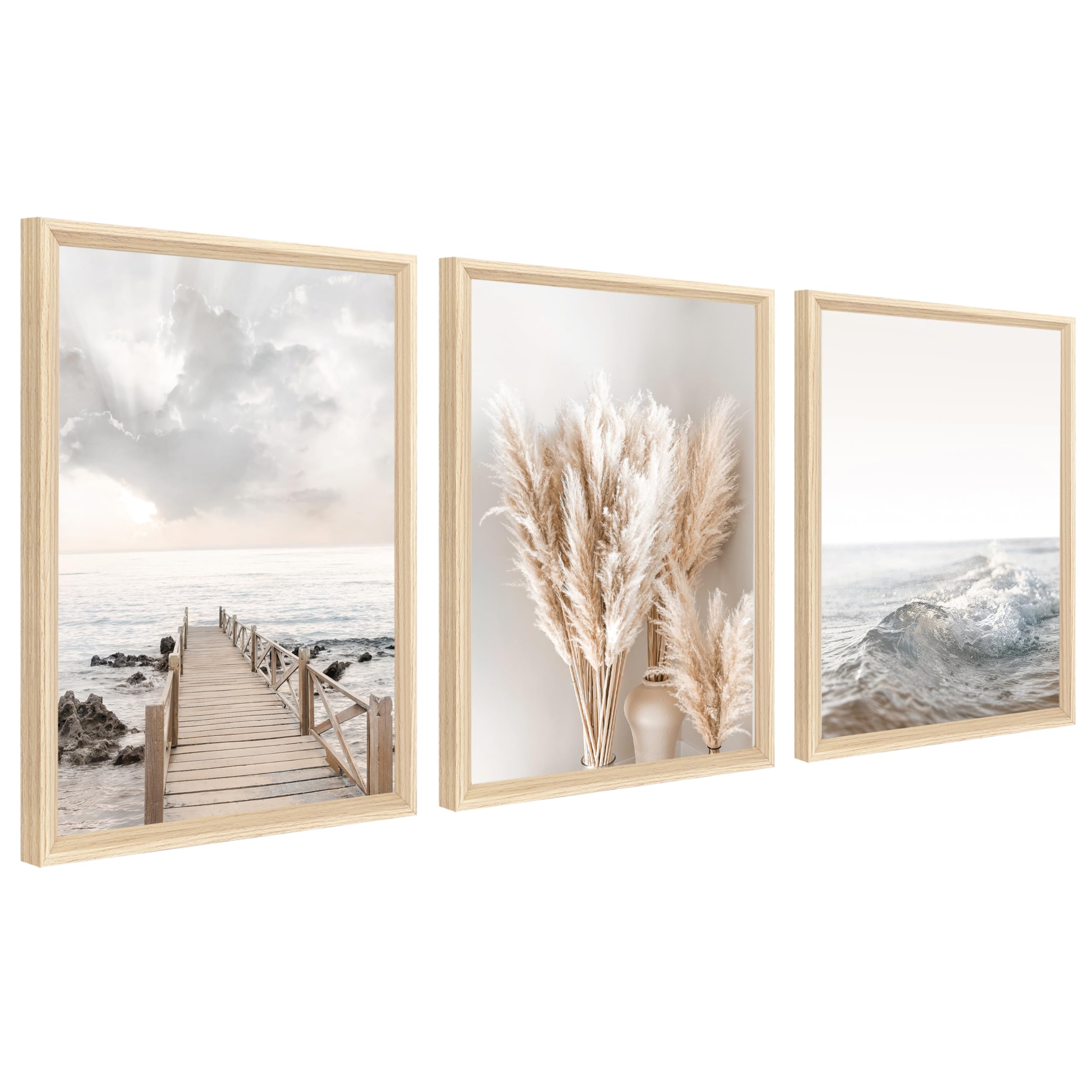 3 Pcs Framed Canvas Wall Art Coastal Beach Ocean Seascape Painting on Canvas Prints Nordic Beige Pampas Grass Pictures for Living Room Bedroom Bathroom Hallway Wall Decor 30x40cm x3pcs (No Plexiglass) โ image 1