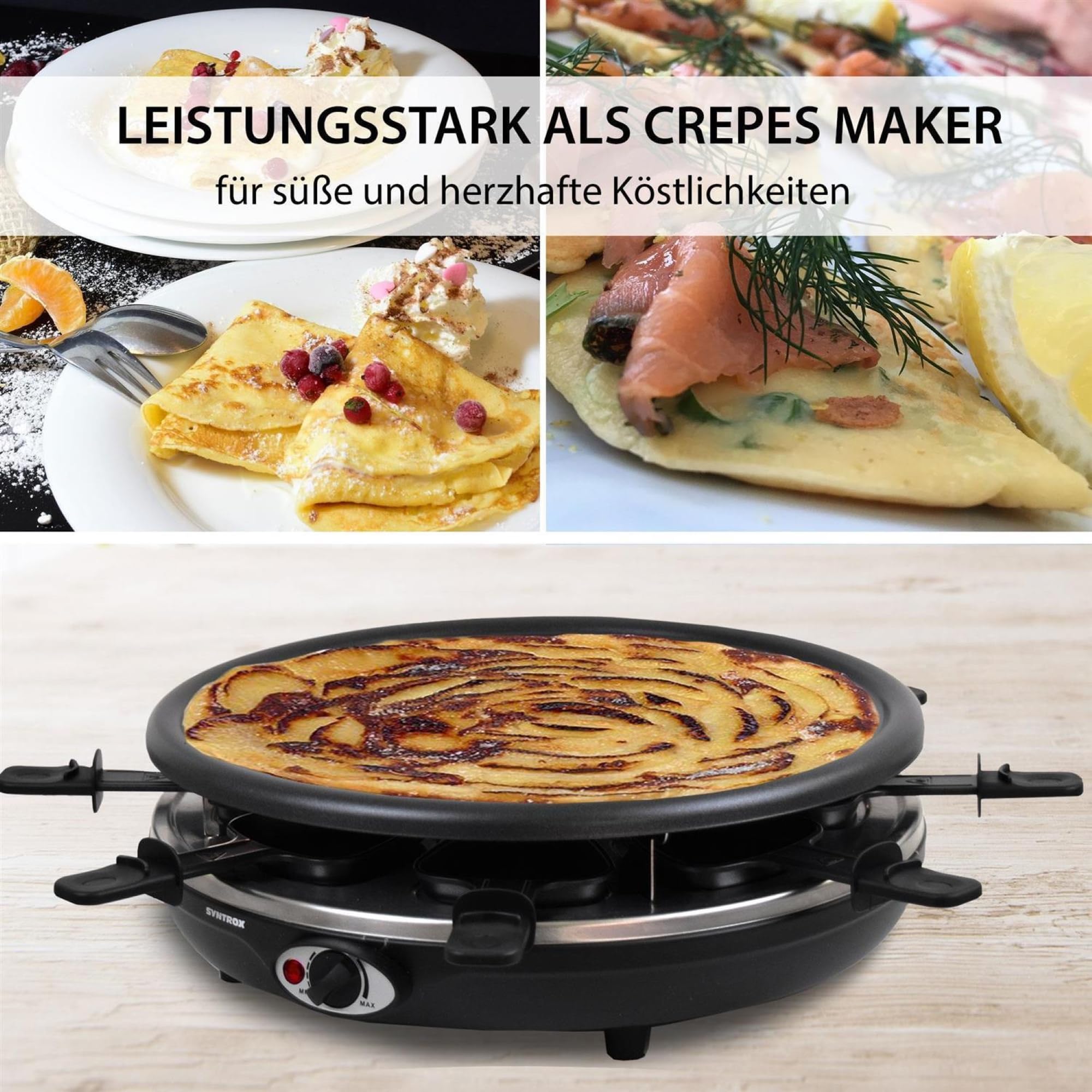 Syntrox Germany Raclette-Grill Set Emailliert Wades mit Fondue und Wechselplatten, Multifunktions Raclette, Pancake Crepe Maker, 8 Personen, 1350 Watt, Antihaftbeschichtet, Platzsparendes Küchengerät