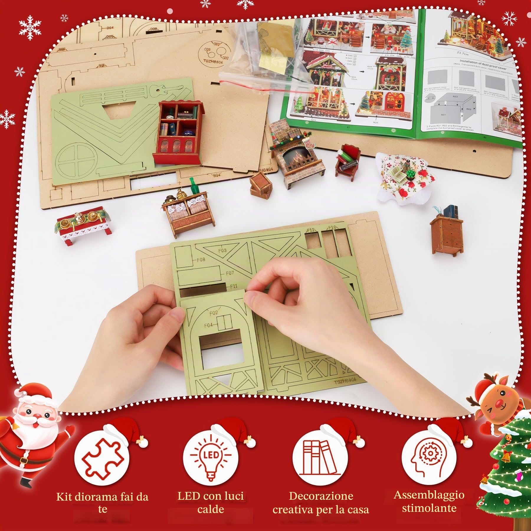 DIY Book Nook Kit, Casa Delle Bambole Fai da te Booknook Kit Casa in Miniature con Luce Led Legno Book Scaffale Inserto Decorazione Regalo Creativo per Adolescent (Natale)