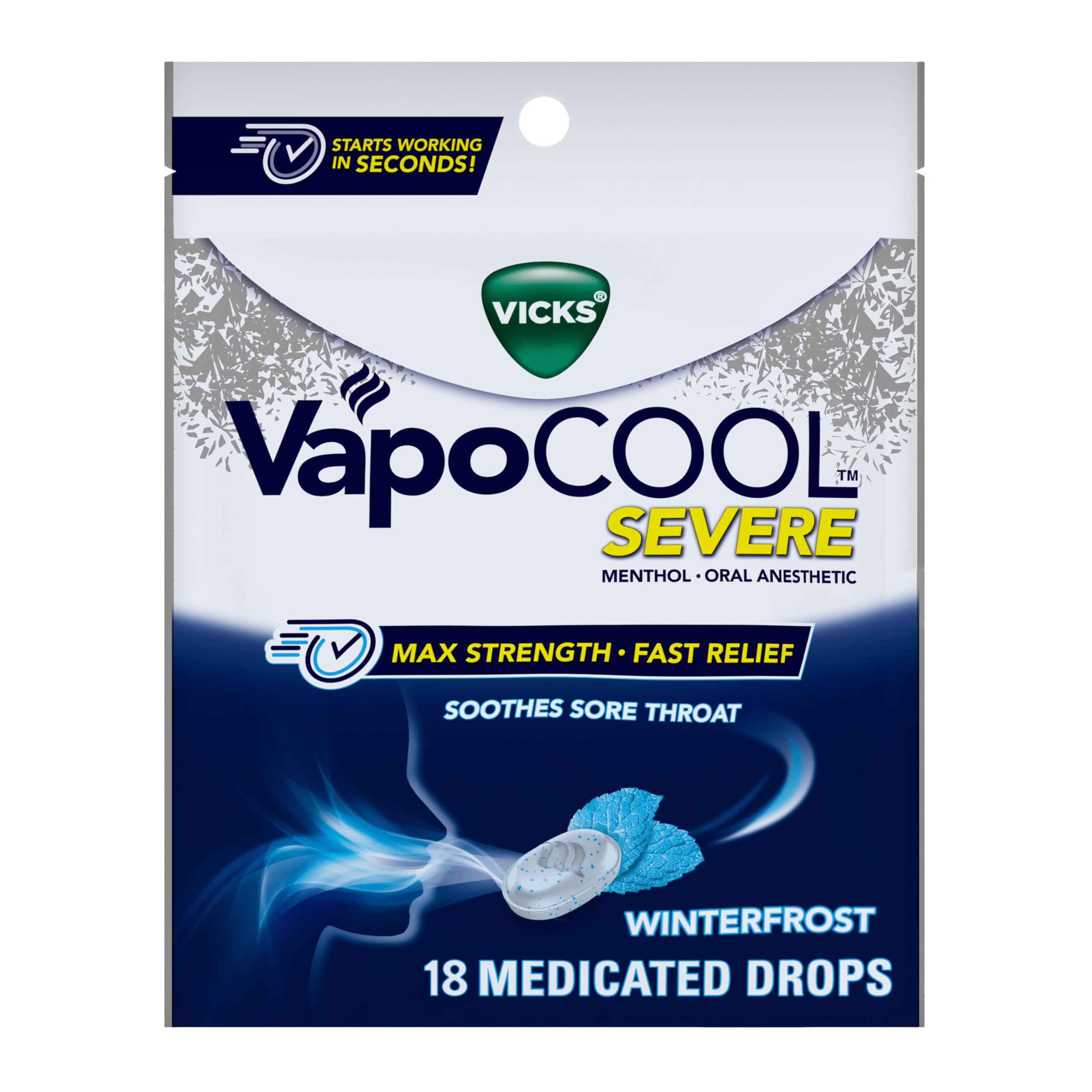 Vicks, VapoCOOL SEVERE Medicated Drops 18ct MaximumStrength Relief to Soothe Sore Throat Pain, Menthole, 18 Count