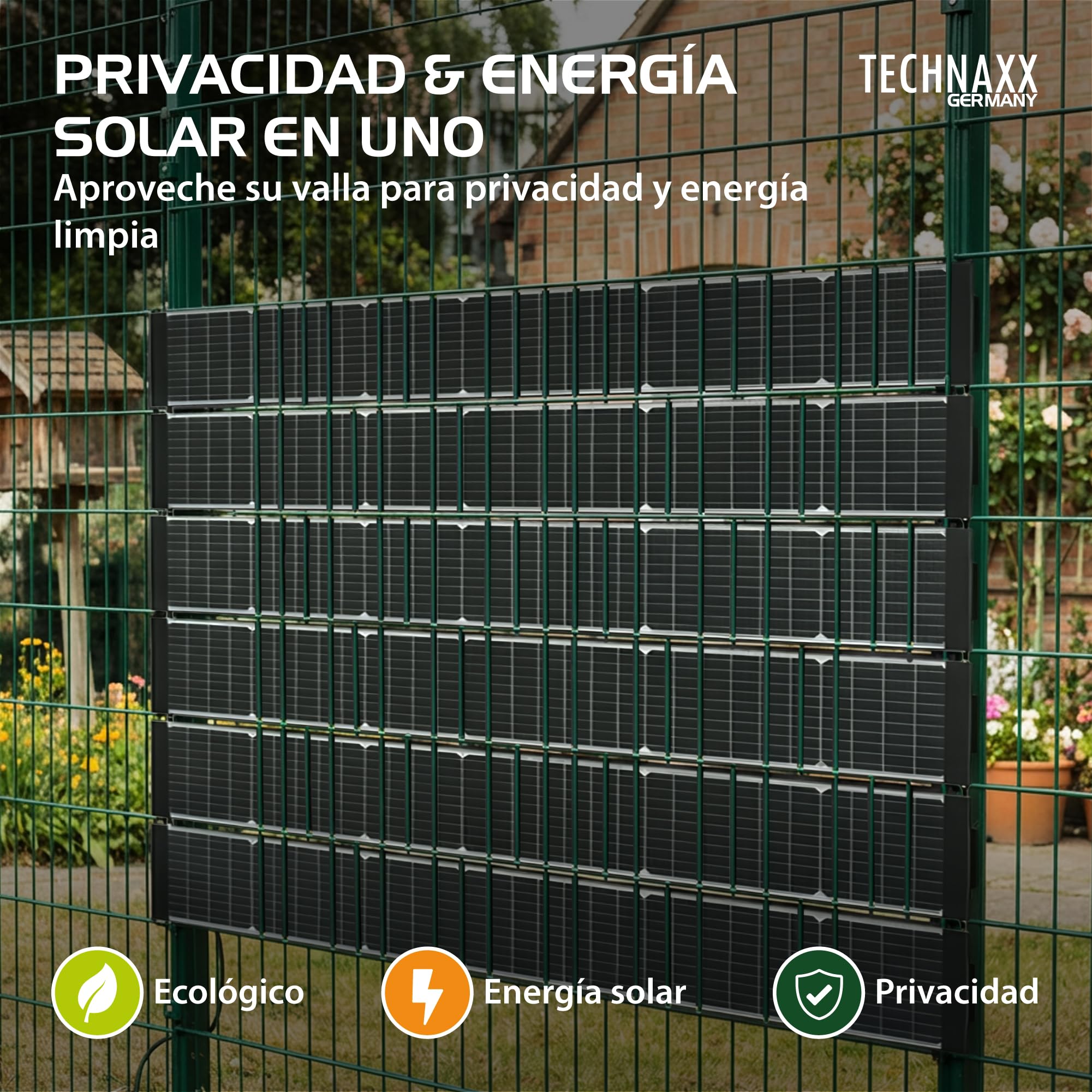 Technaxx TX-356 Valla solar bifacial 480W – Kit completo con 6x 80W paneles solares PERC monocristalinos, inversor 800W & cable Schuko – Privacidad & energía solar – Eficiencia 17,5%