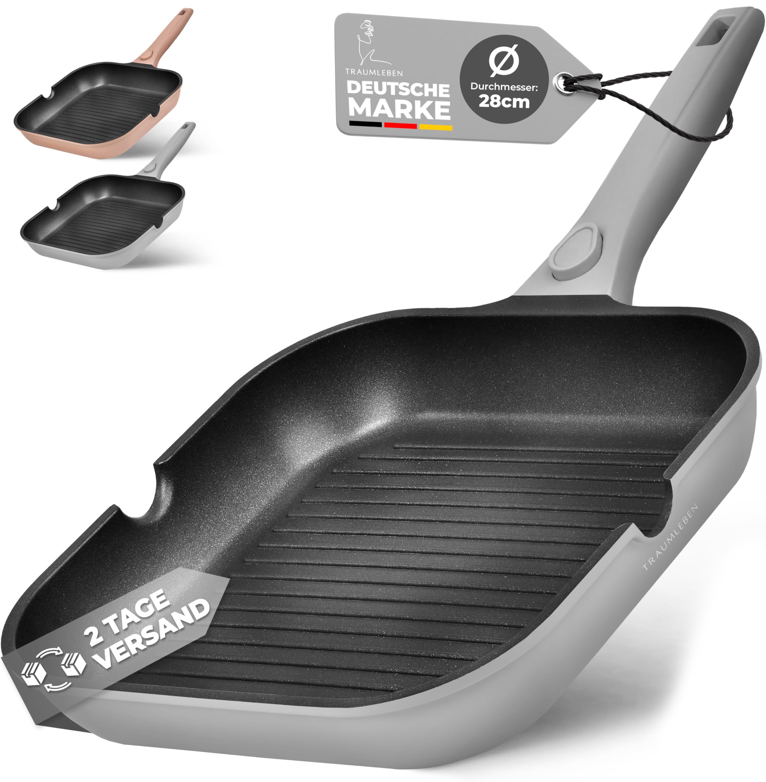 TRAUMLEBEN Padella Grill 28 cm con beccuccio – antiaderente per induzione, manico removibile, PFOA free, adatta al forno, ideale per bistecca (grigio)