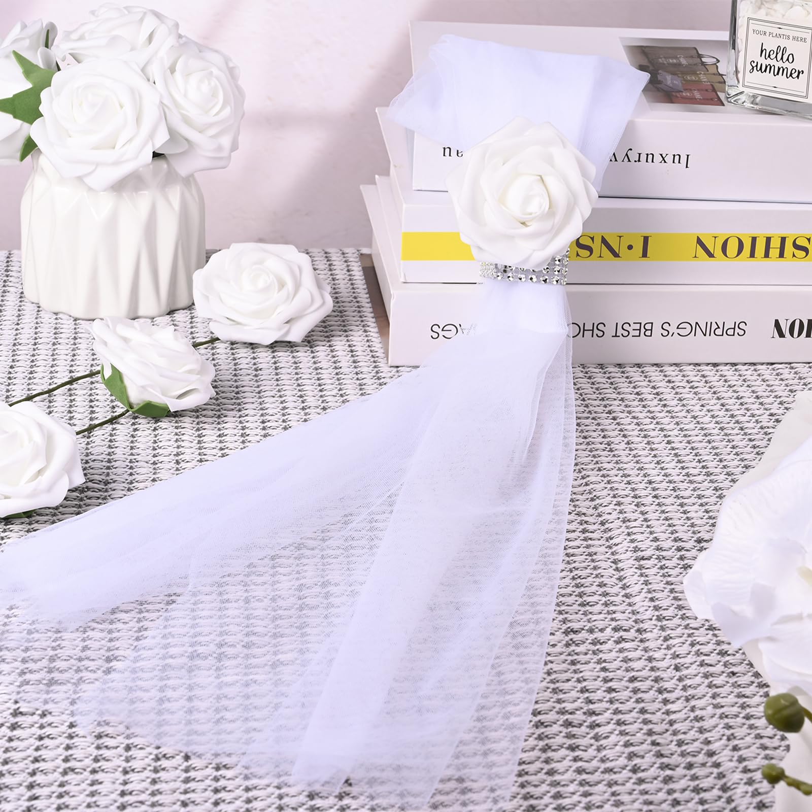 Olgaa Hochzeits-Gang-Dekorationen für Zeremonie, 24 Stück, Hochzeitsstuhl, Kirchendekorationen mit künstlichen weißen Rosen, Blumen, Strass, für Hochzeiten, Partys, Bank, Kirchenbänke, Gangdekoration