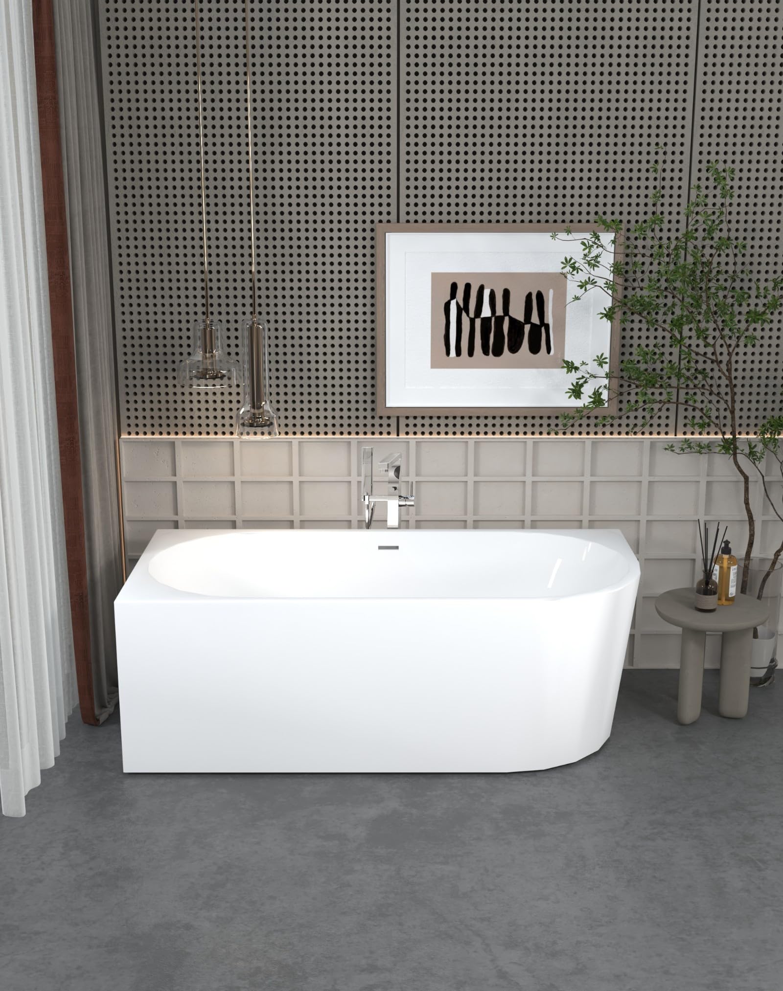 Aquauno, vasca angolare indipendente sinistra 170 x 80 cm, ovale in acrilico sanitario di alta qualità, vasca da bagno in acrilico con scarico click, troppopieno, copertura, scarico e telaio in