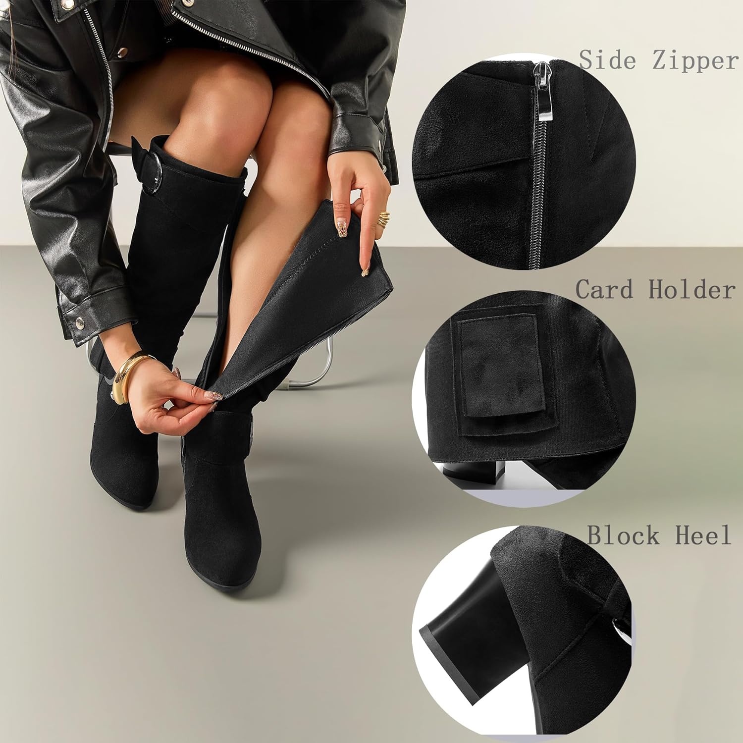 Riding Boots Women Knee High Slouch Round Toe Buckle Victorian Tall Boots Block Mid Heel Knee-High Boots - Image 4