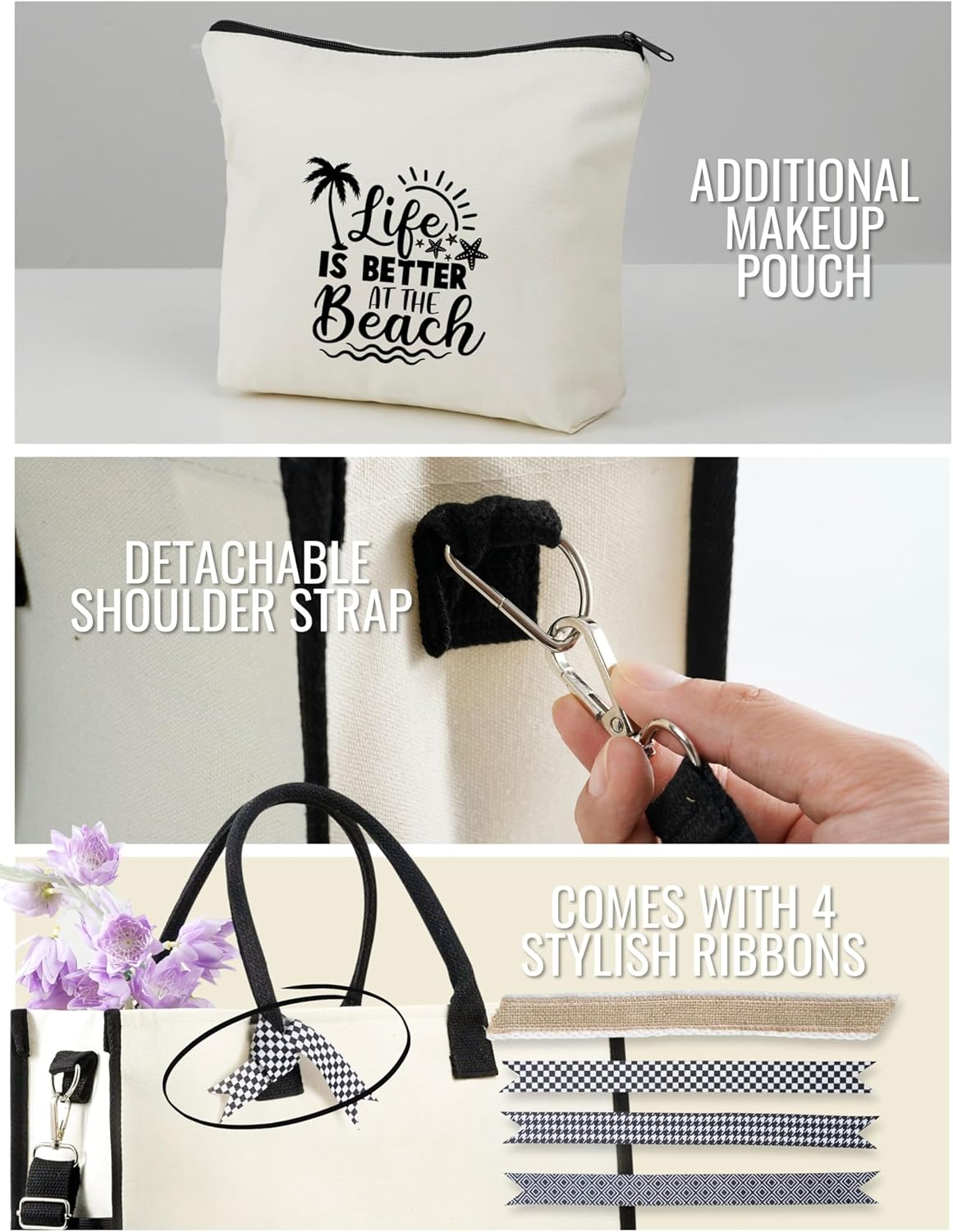 InnoBeta Beach Gifts for Women Canvas Tote Bag, Beach Themed Gifts for Women, Life Is Better at The Beach Bag with Top Zipper Closure and Shoulder Strap for Birthday, Mother's Day, Christmas - Image 5