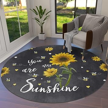 Round Area Rug 3ft Yellow Sunflower Bees Floor Carpets Washable Indoor Floor Area Mat Stain-Proof Mat Non-Skid Rugs for Living Room Dining Kitchen Bedroom Nursery, Floral Black Rug