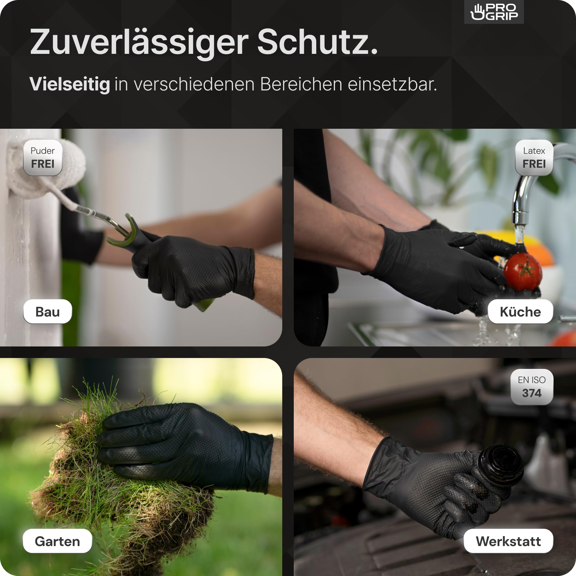 50x PROGRIP Einweghandschuhe Diamant Grip Schwarz, Nitrilhandschuhe L | Einmalhandschuhe Extra Stark, Handschuhe Einweg griffig, latexfreie Arbeitshandschuhe für Werkstatt & Montage M, L, XL, XXL