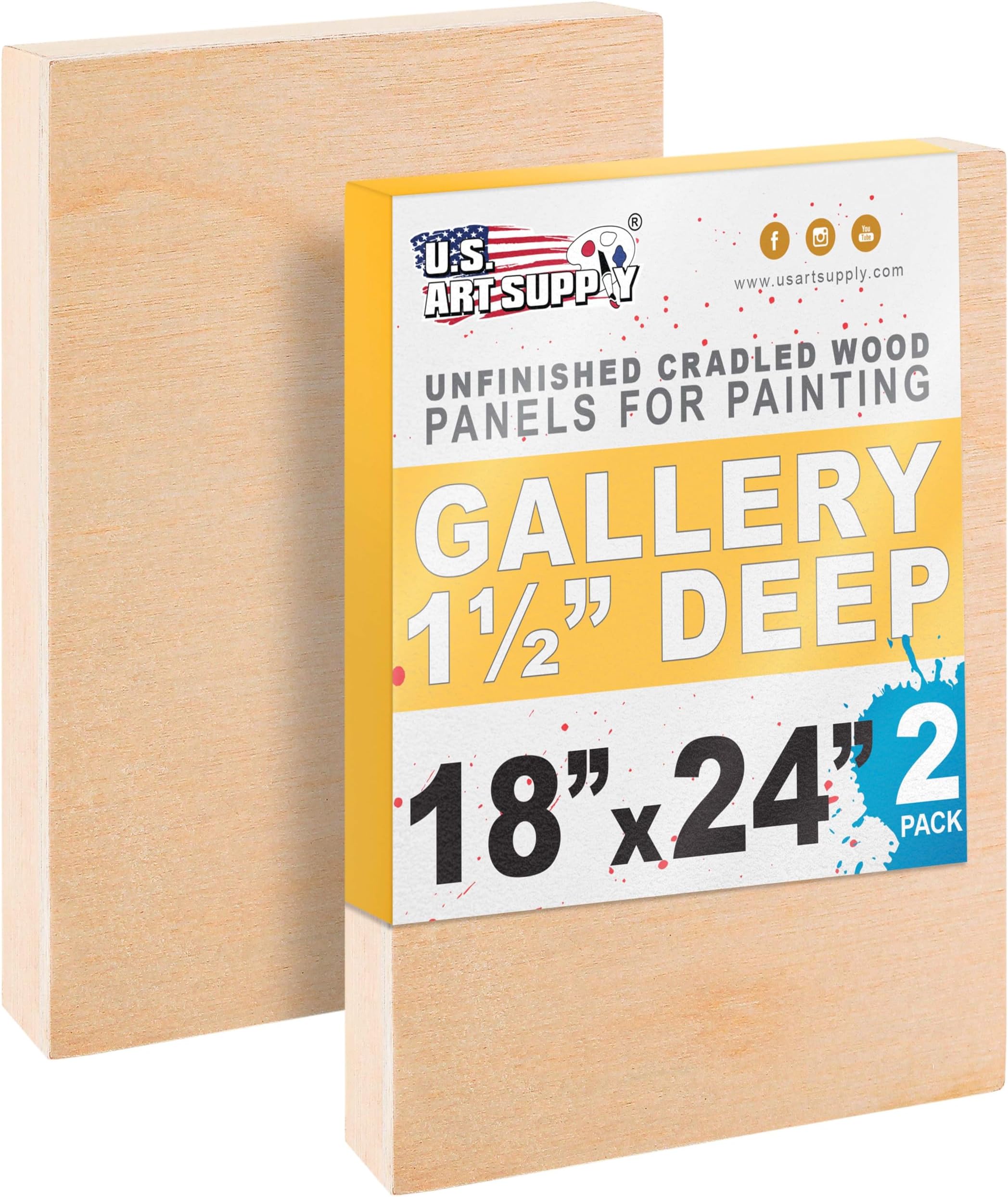 18" x 24" Unfinished Cradled Wood Panels for Painting, Gallery 1-1/2" Deep (2 Pack) - Artist Depth Wooden Wall Canvases - Mixed-Media Craft, Acrylic, Oil, Encaustic, Paint Pouring