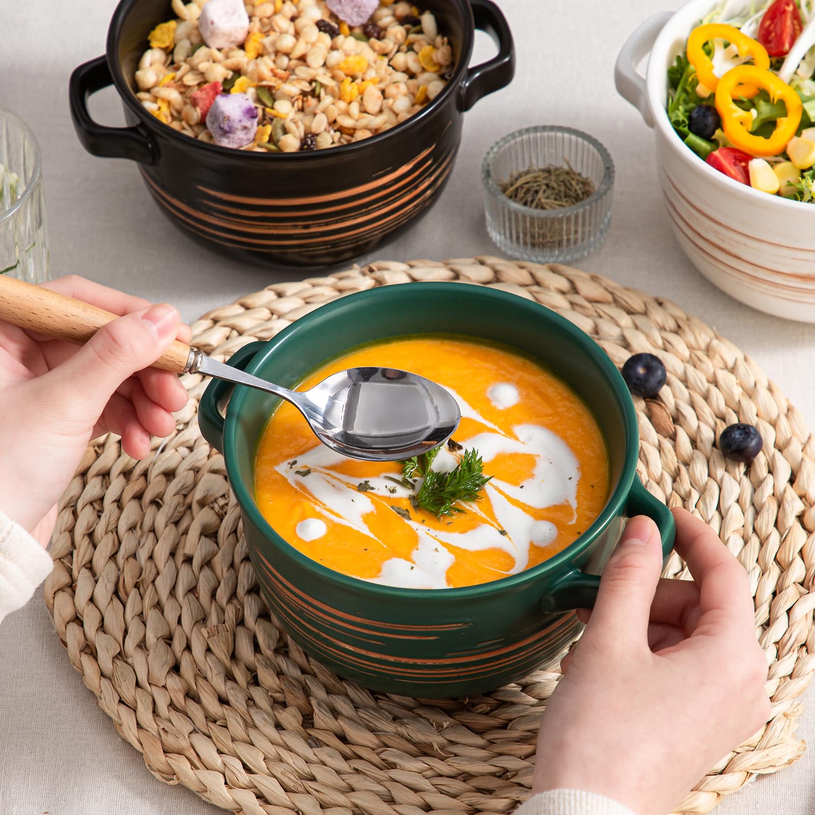 YUN TAO Juego de 4 cuencos de sopa con asas, cuencos de cerámica para sopa de cebolla francesa de 32 onzas para sopa, cereales, chile, guiso de res, pasteles de olla, horno, microondas y lavavajillas